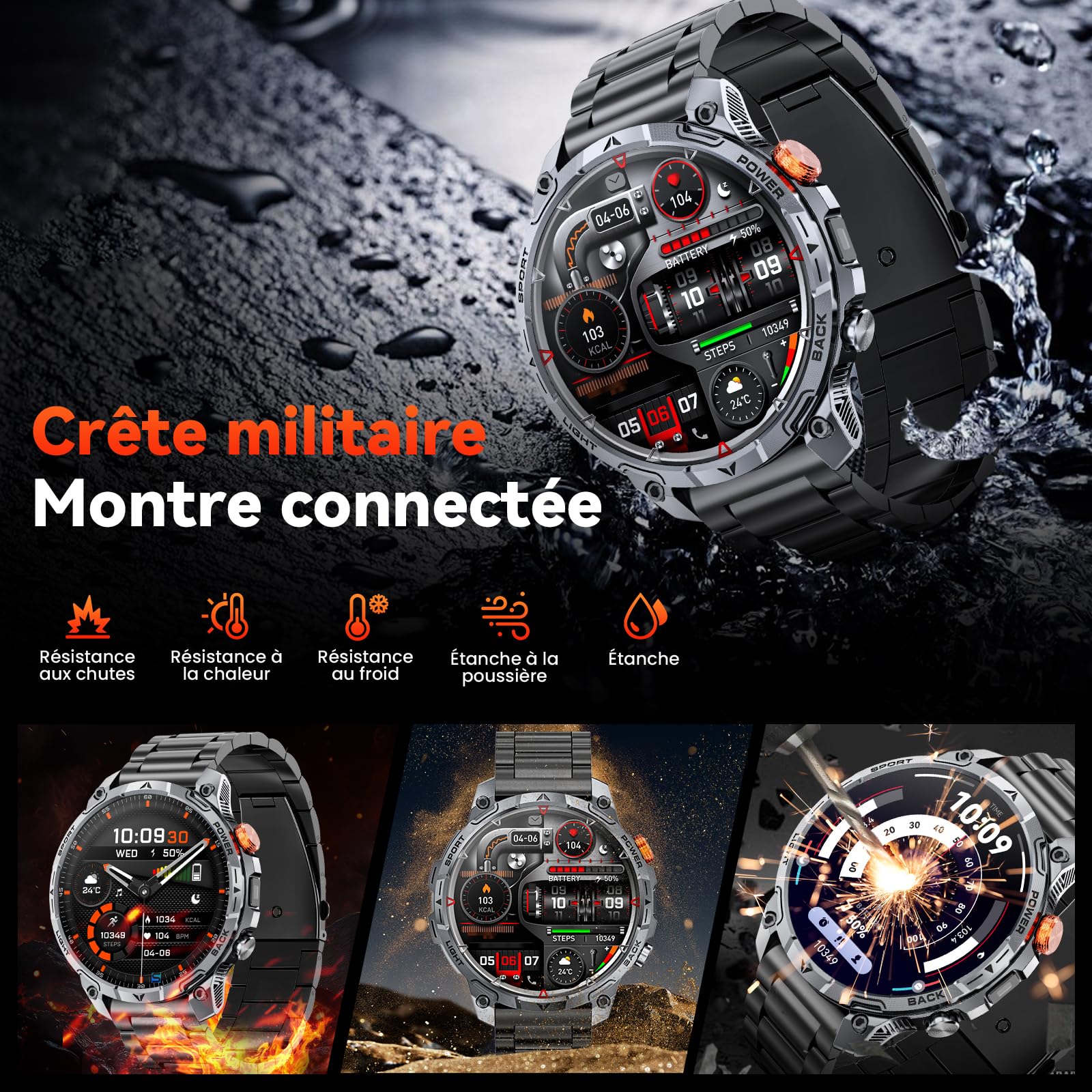 Smartwatch Uomo Militare, Batteria da 1000 mAh, Due Cinturini, Schermo HD da 1,75", Torcia LED, 100＋ Modalità Sportive, Monitoraggio della Salute, Chiamate Bluetooth per iOS Android (Nero)