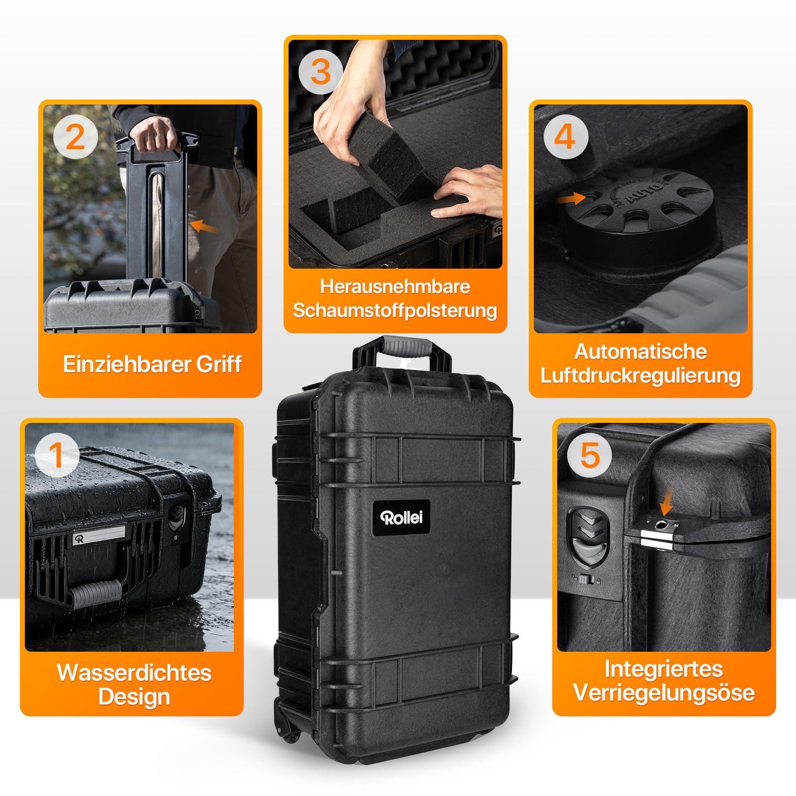 Rollei Kamera Koffer Trolley, Extrem Robuster Bruchsicherer & Wasserdichter Groß Fotokoffer mit Rollen, Outdoor Camera Suitcase Automatischer Druckregulation & Diebstahlschutz, Kamera-Koffer-Trolley