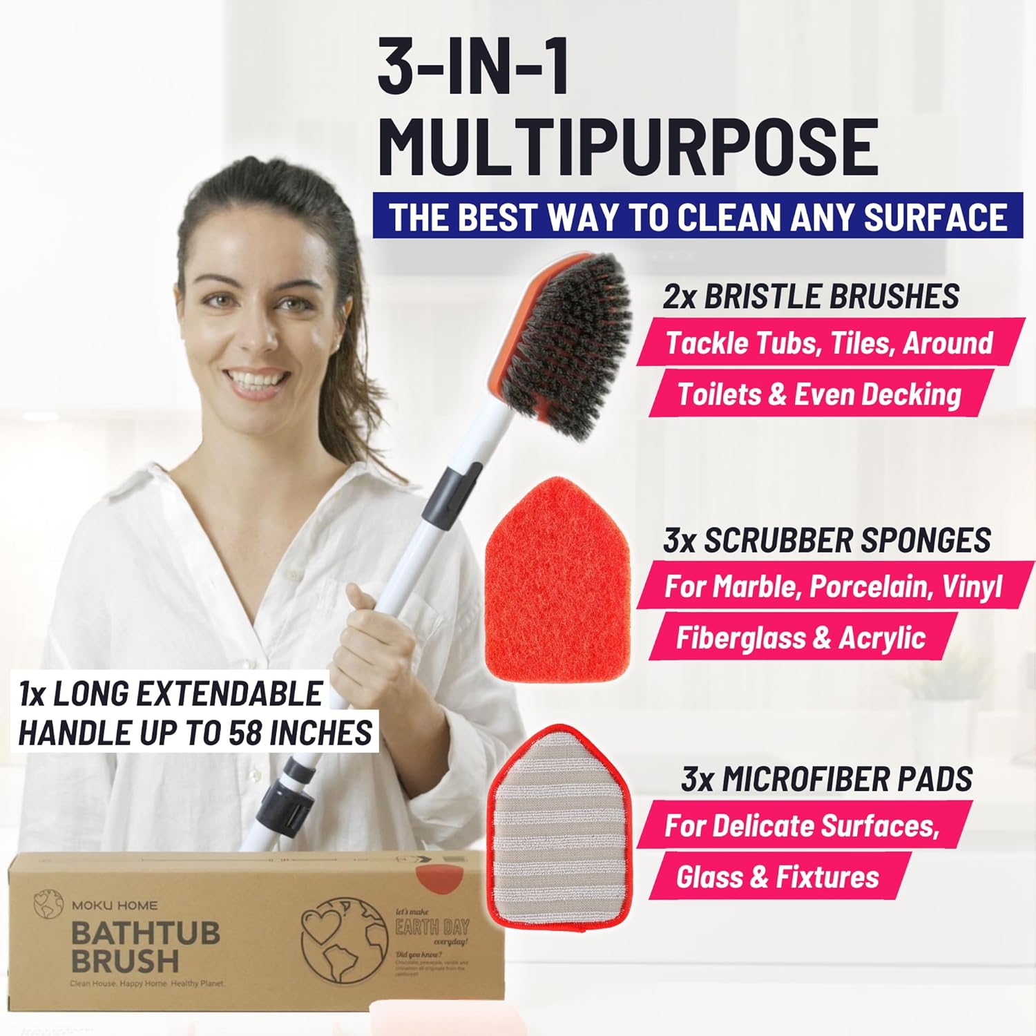 Shower Scrubber 3 in 1 Extendable Long Handle 58" Cleaning Brush Bundle Value Pack - Non Scratch Shower Brush for Cleaning Bathroom Kitchen Toilet Wall Tub Tile Sink with 8 Refills (Red)
