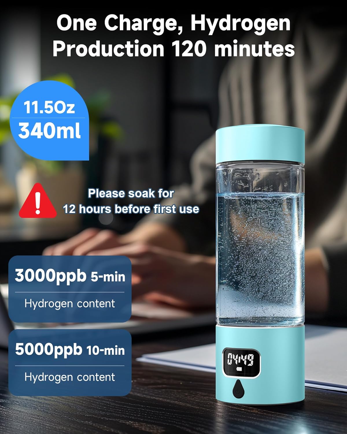 340ml Portable Hydrogen Water Bottle Generator with PEM-SPE Technology, Glass Exterior & Aluminum Shell, Produces 5000 ppb Hydrogen in 10 Minutes, for Home, Gym, Office & Travel