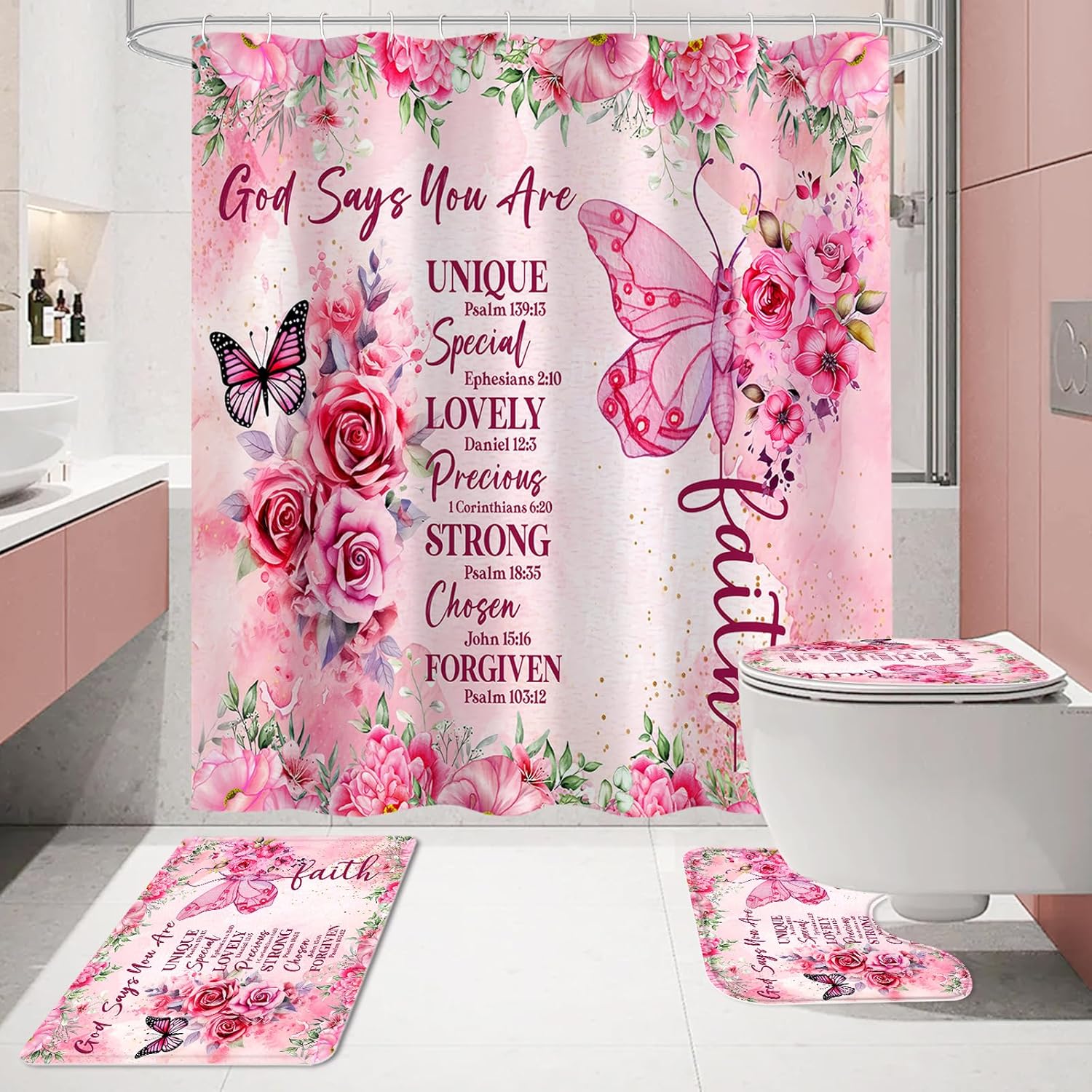 Rose Shower Curtain Hooks Set of 12, Bathroom Curtain Set 72" W x 72" L