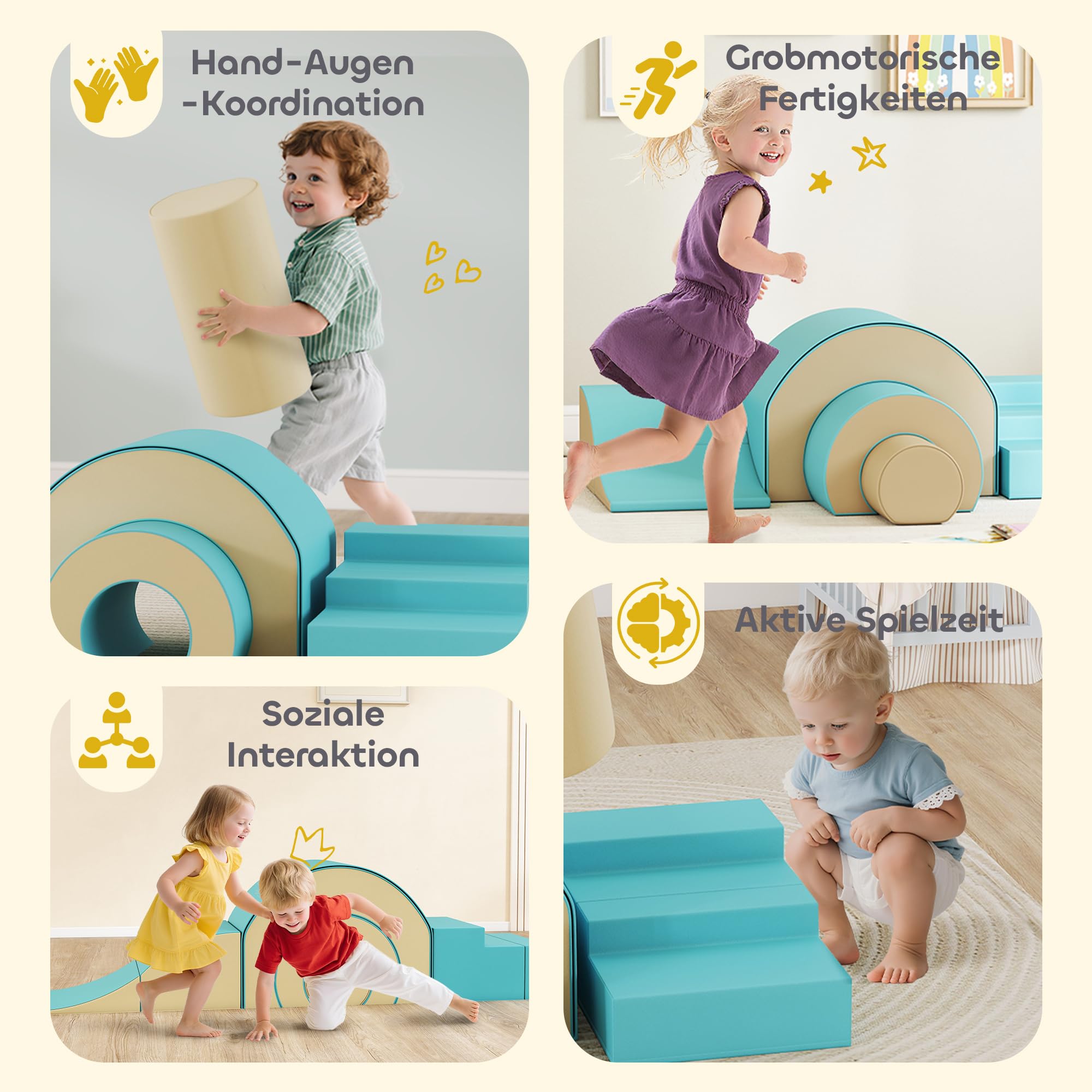 AIYAPLAY Schaumstoff Bausteine Kinder 5 TLG. Klettern Softbausteine Riesenbausteine Großbausteine Bauklötze Bausteinset Kunstleder Sand+Grün