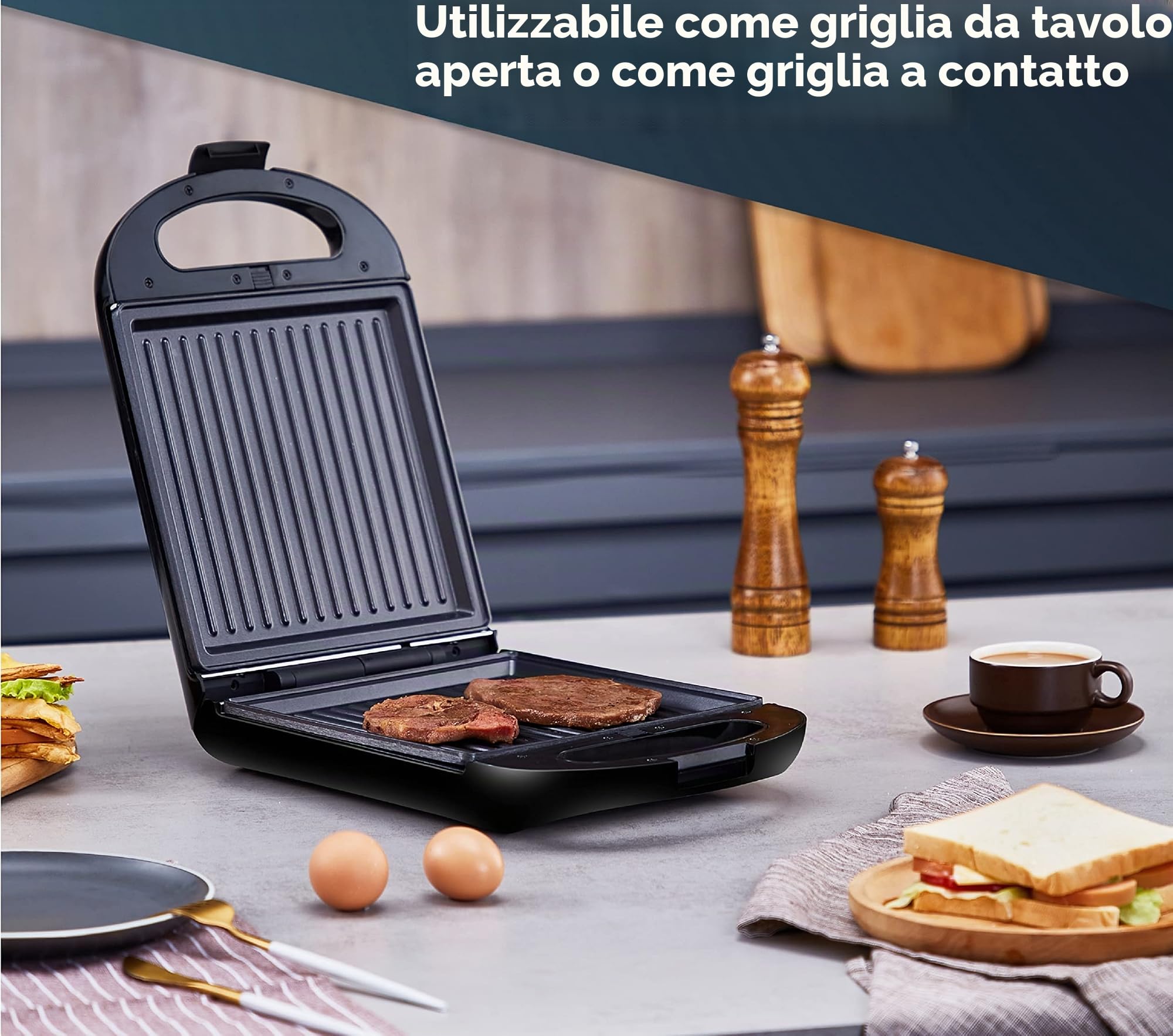 Steinborg Sandwich maker 3 in 1 XXL, 3 piastre intercambiabili, 1200 Watt, griglia a contatto, 4 sandwich maker | Multigrill | Waffle Eisenl | Griglia elettrica | Piastra per waffle, Siler/Nero