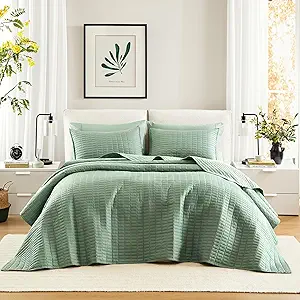 Comfort Spaces Sage Green Oversized King Quilt Set 120"x118" Bedspread Quilted Summer Lightweight Microfiber Bedding Coverlet with Double Sided Stitching Soft All Season 3 Piece with Matching Shams