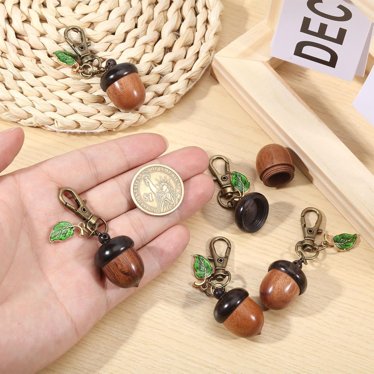 CHGCRAFT 5pcs Wooden Acorn Nut Box Keychain Disconnectable Ebony Decoration with Alloy Lobster Claw Clasps for DIY Keychain Necklace Crafting Jewelry Making, Camel, 2.6inch - Image 3