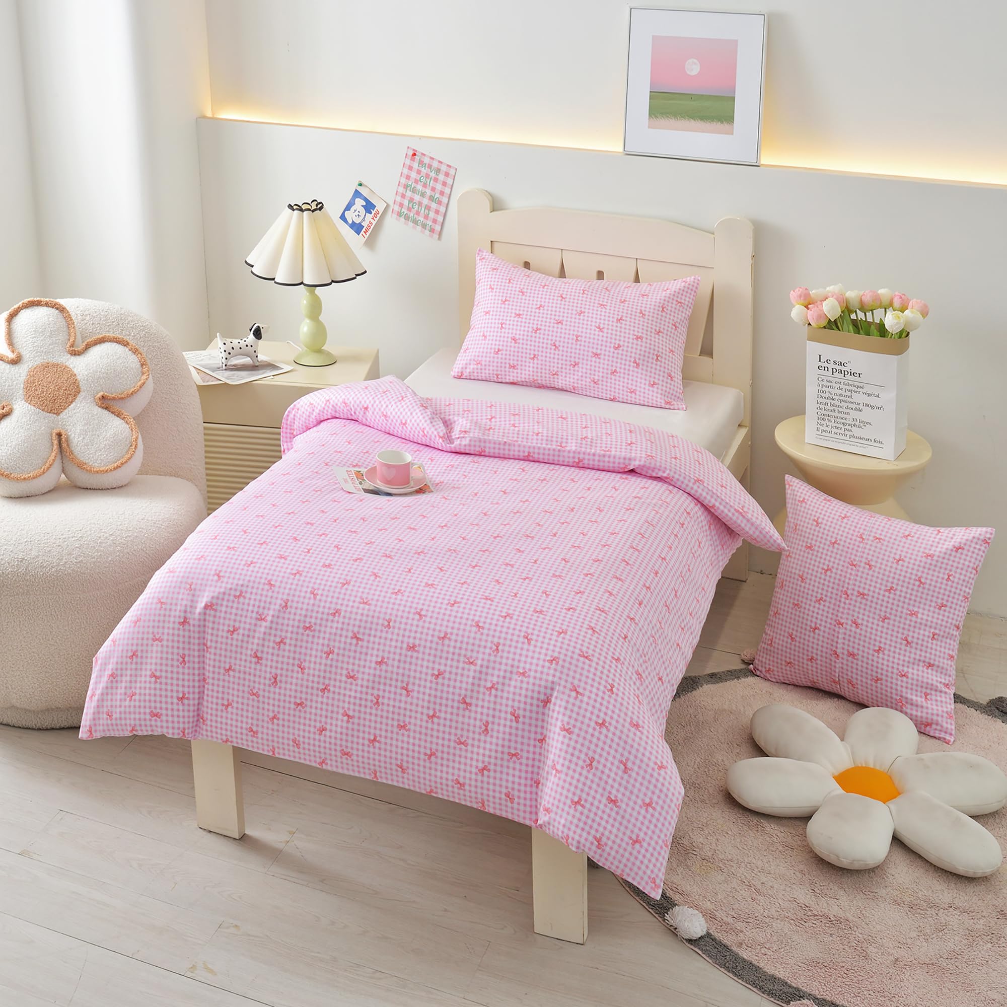 HMtideby Pink bowknot Toddler Kids Bedding Set for Girls Cot Bed Duvet Cover with Pillowcase, 2 pcs, 120 x 150 cm - Image 2