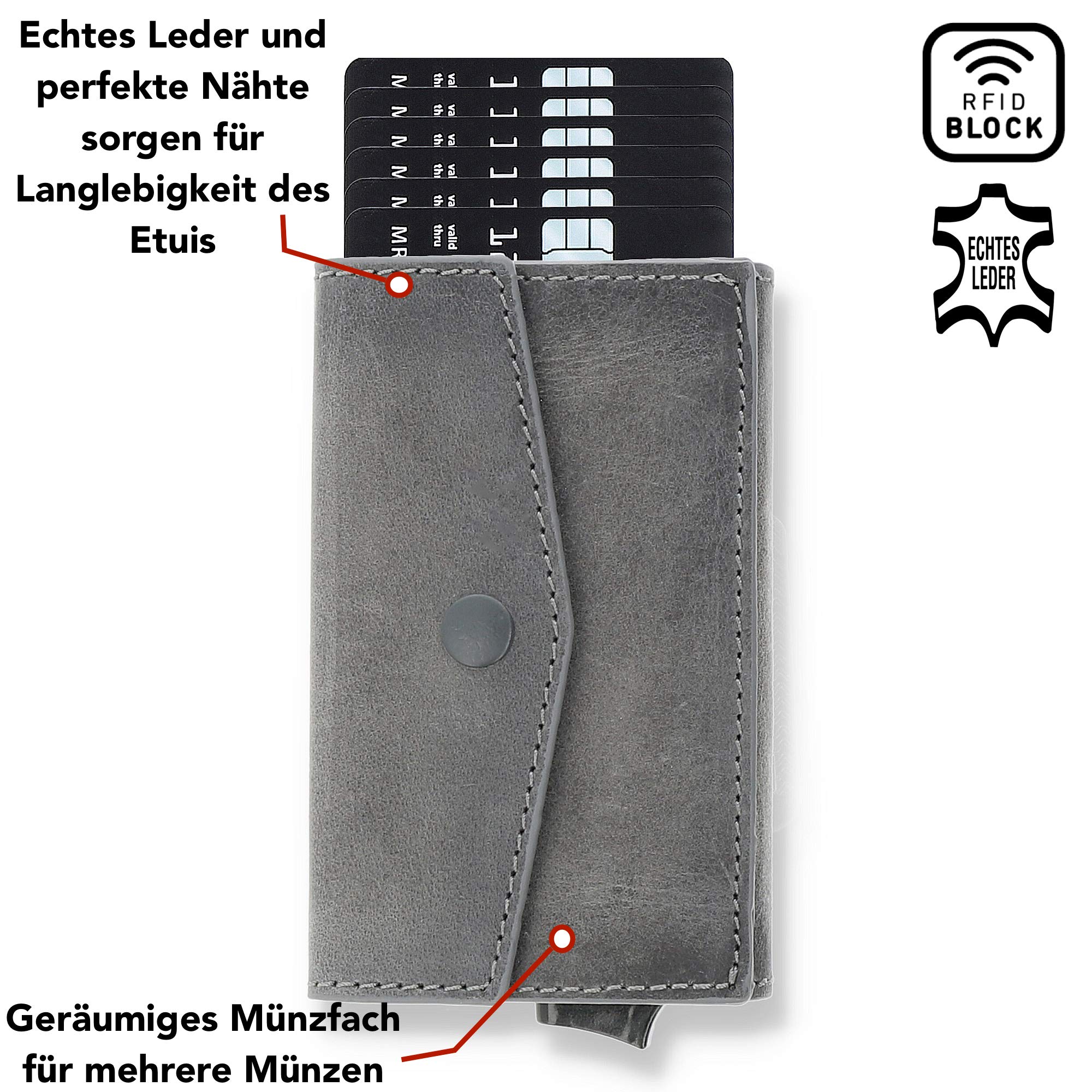 Solo Pelle Kartenetui | Kreditkartenetui | Leder Geldbörse Slim Wallet Portmonee | Geldbeutel mit RFID Schutz für bis zu 8 Karten Model: Mech (Steingrau mit Kleingeldfach)