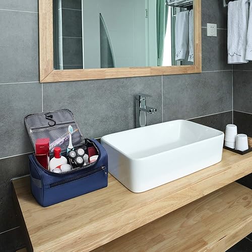Miniatura 2 de SELLYFELLY Neceser colgante para viajes, mujer, bolsa de ducha para hombre, bolsa de afeitado, kit organizador con gancho, Azul marino, Tela de