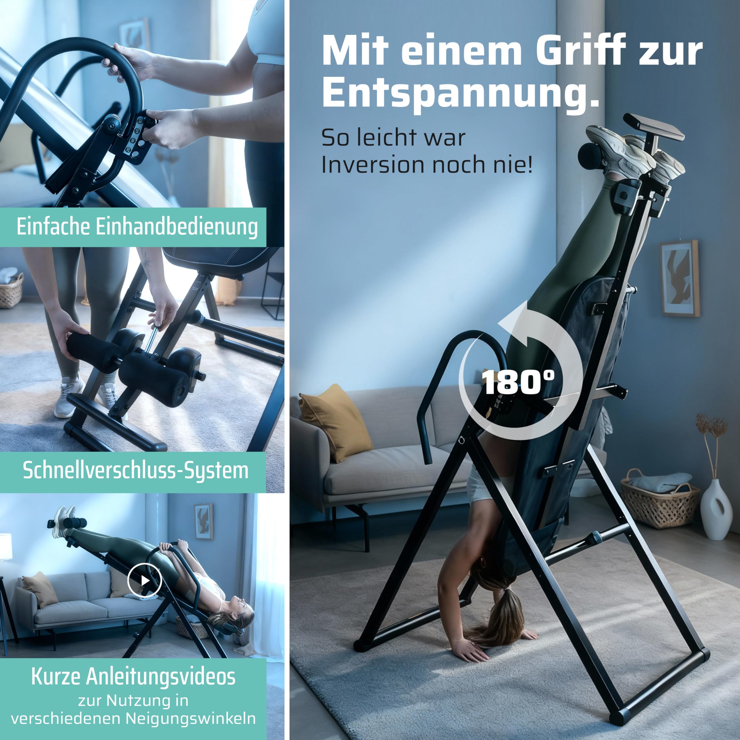 SportPlus Inversionsbank, klappbarer Schwerkrafttrainer, Inversion Table mit 4 Inversionswinkel, Streckbank zur Entlastung der Wirbelsäule, Nutzergewicht bis 135 kg, Rückenstrecker