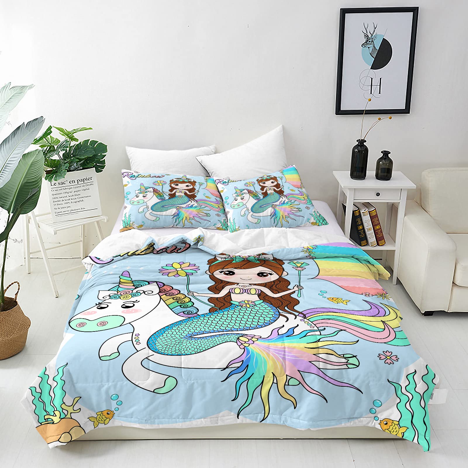 ANHOPE Mermaid Duvet Cover Set Soft Comforter Cover Princess Riding Unicorn Print Pattern 3 Piece Bedding Set with Pillowcase All Season Quilt Cover with Zipper for Kids Adult Super King Size — image 1