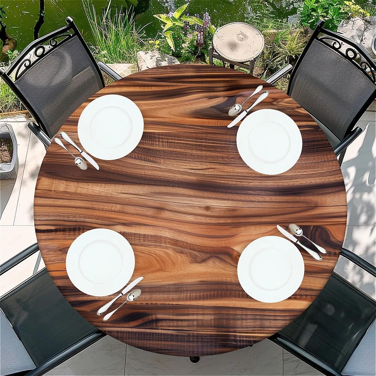 Round Fitted Tablecloth with Elastic Edge, 36"-60" Waterproof Stain Resistant Table Cover for Indoor, Outdoor, Picnic, Dining, Camping, Party, Holiday, 60inch, Teak Wood