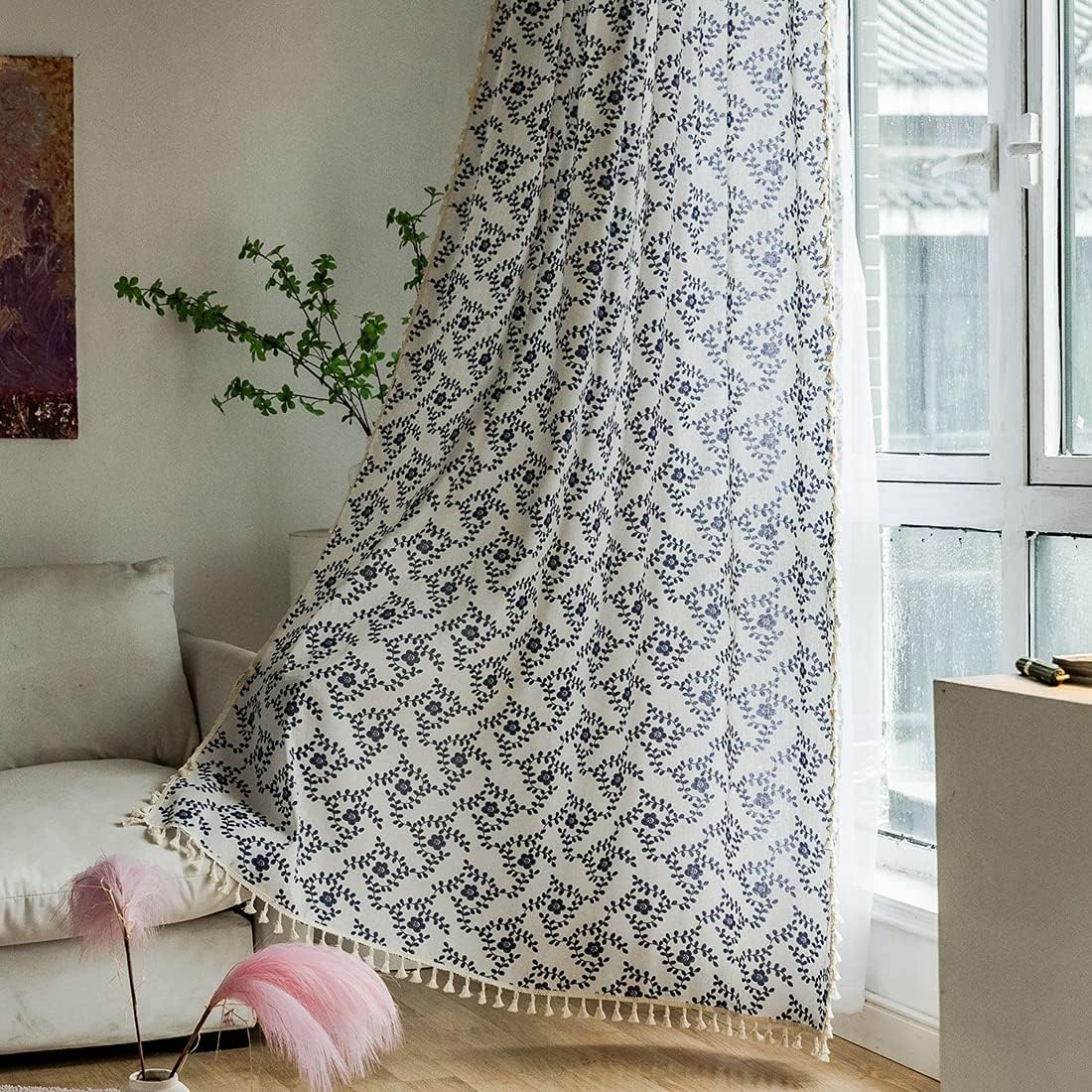 vctops Vintage Floral Print Window Curtains with Tassels Semi-Blackout Cotton Linen Curtains Rod Pocket Window Drapes for Dining Living Room Bedroom (Flower,59"x71")