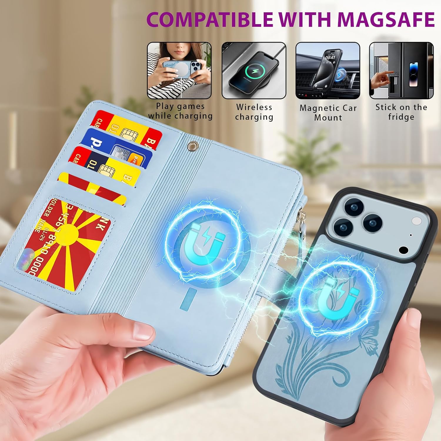 Lacass for iPhone 17 Pro Max Case Wallet,Compatible with MagSafe 2 in 1 Magnetic Detachable PU Leather RFID Blocking Wallet Cover Card Holder Zipper Wrist Strap Lanyard,Floral Sky Blue - Image 2