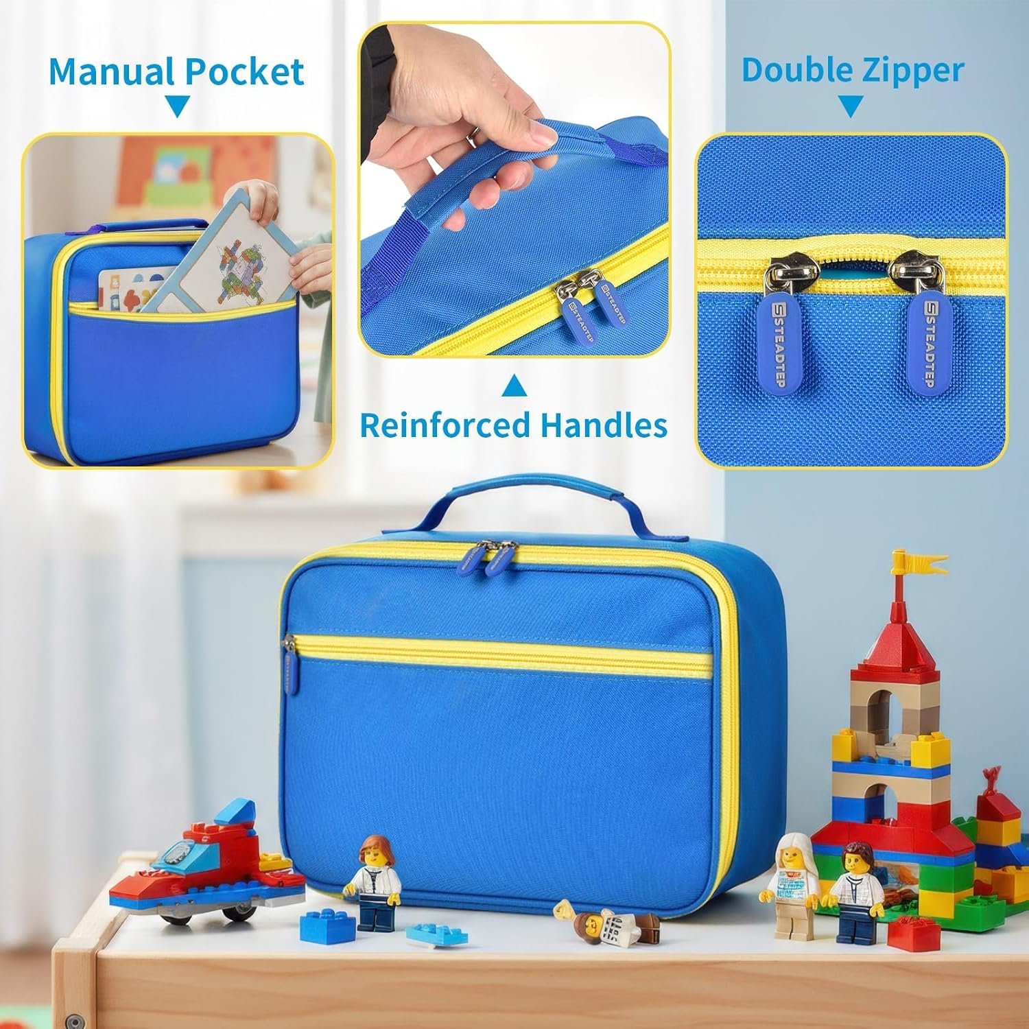 Toy Storage Bag with 45" Play Mat | Quick Cleanup Organizer Box for Lego Building Bricks & Small Toys | Portable Container & Storage Solution for Kids for Playroom | 13.4"x9.1"x4.7 (Blue)