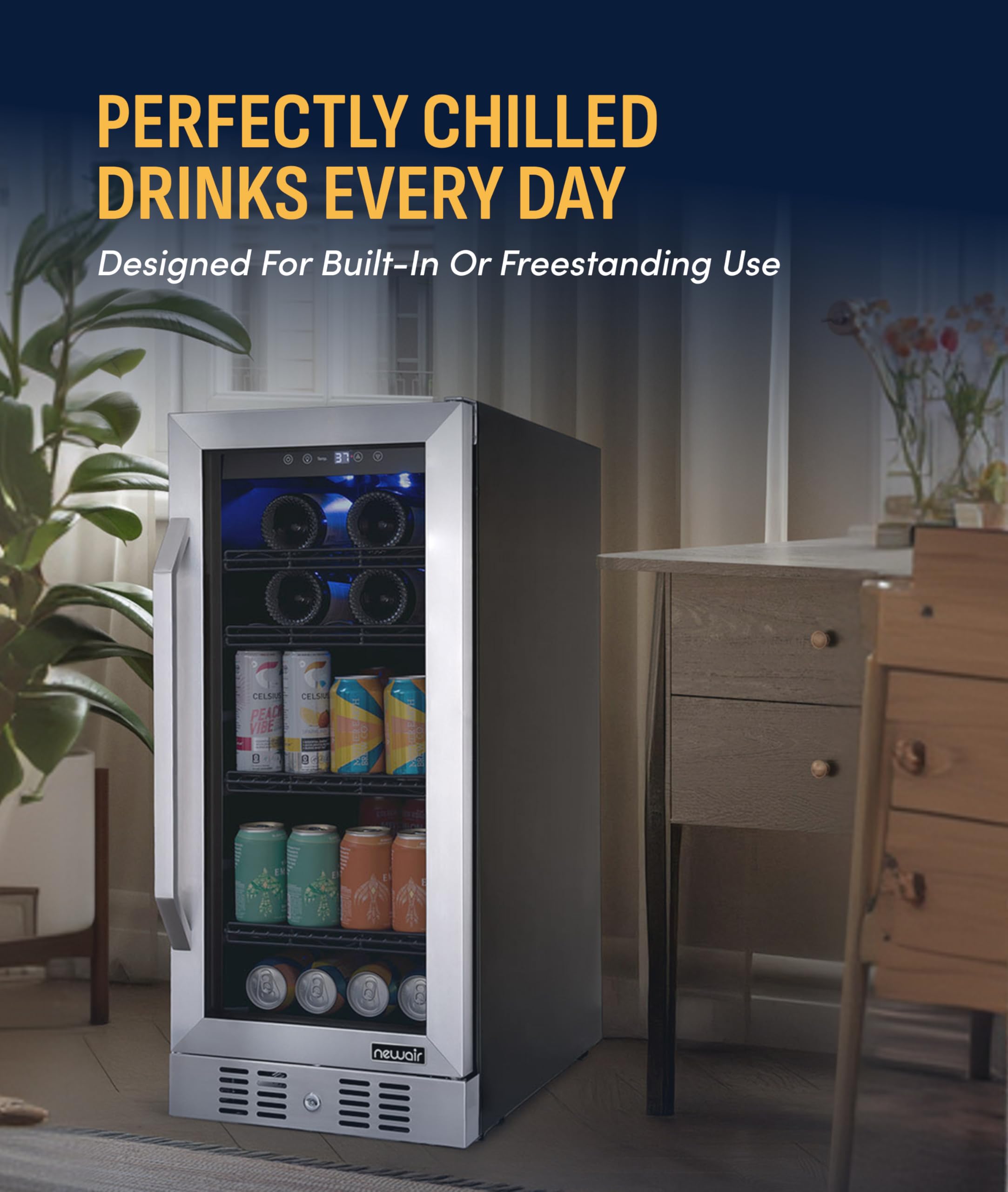 NewAir 15" Single Zone Beverage & Wine Fridge Beverage Refrigerator & Wine Cooler For 33 Bottles / 80 Cans | Freestanding Or Built-In Under Counter Mini Fridge For Beer, Wine & Soda | Stainless Steel on Fridge.com - View 2