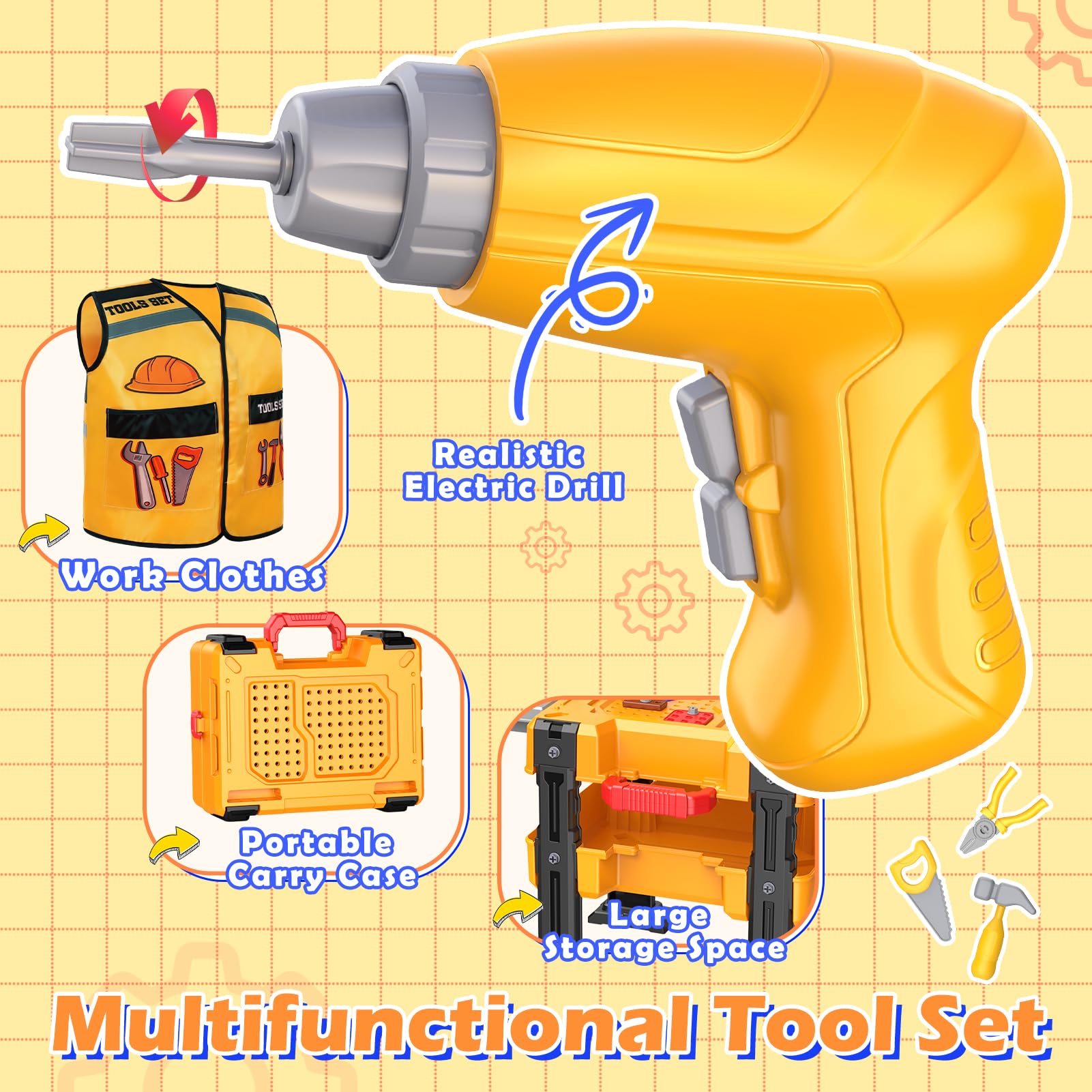 Naxudcoo Établi à outils pliable pour enfants avec perceuse électrique et véhicule de chantier démontable, jouet pour enfants à partir de 3 ans, cadeaux pour garçons de 3, 4, 5 ans