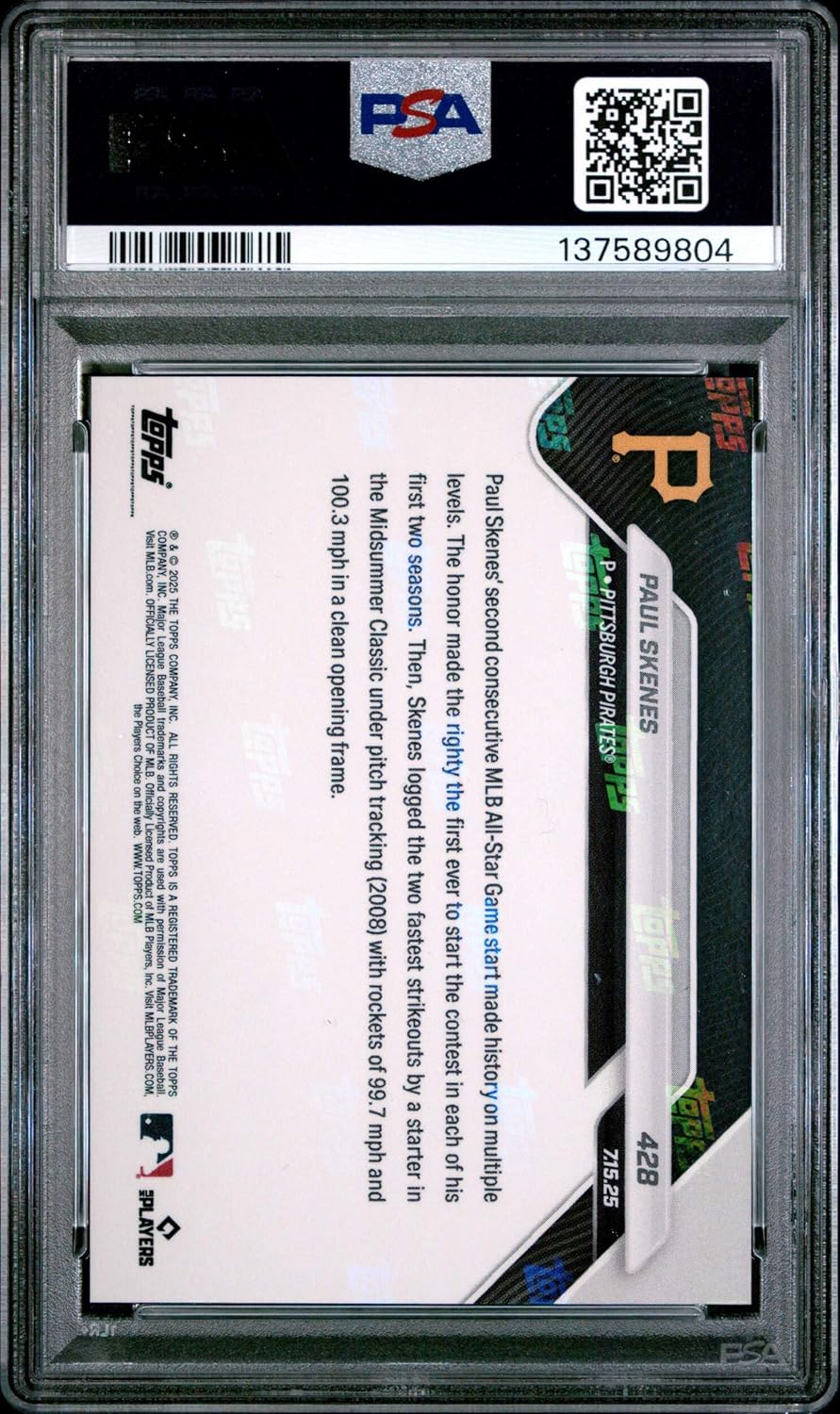 Graded 2025 Topps Now Paul Skenes #428 Baseball Card PSA 10 Gem Mint