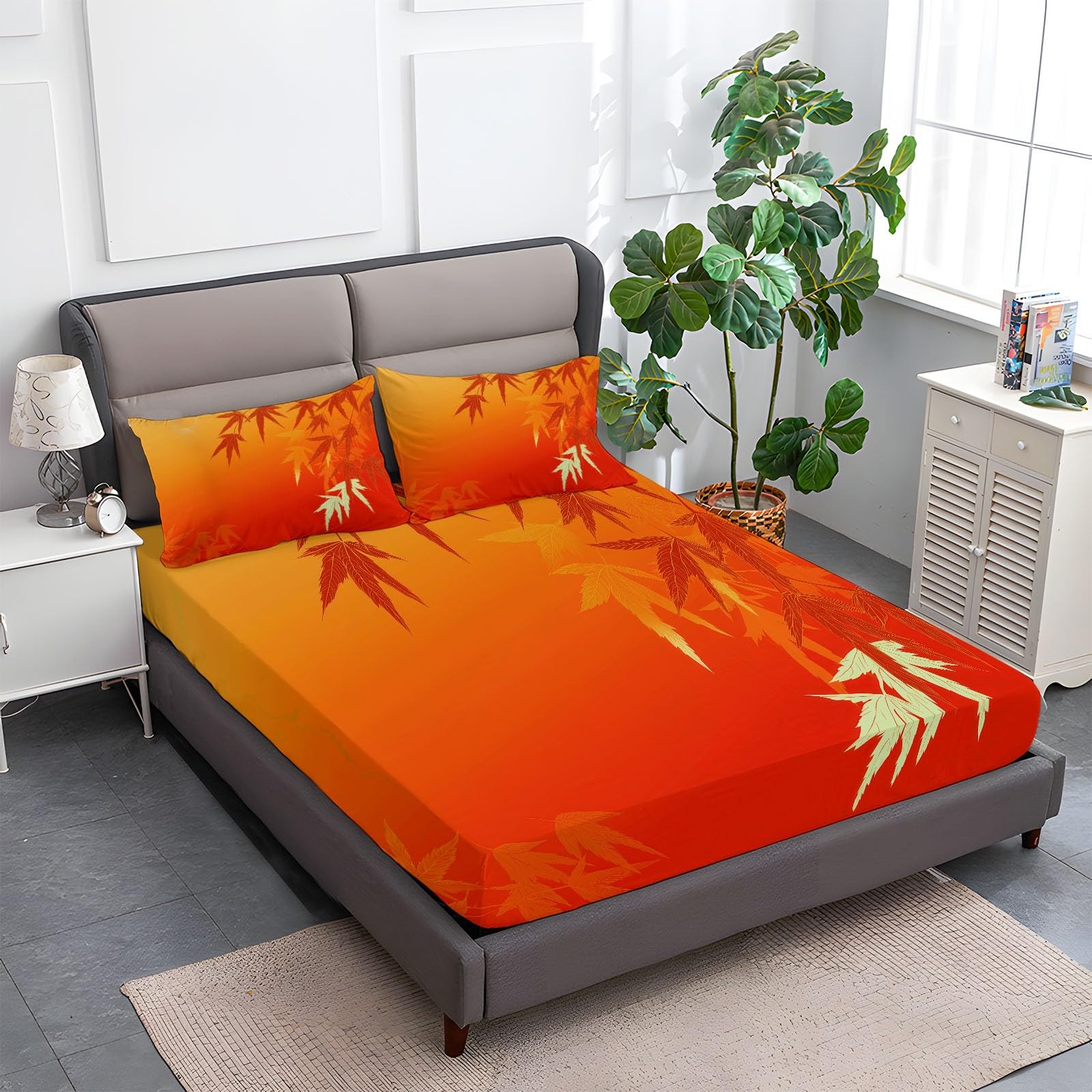 Couleur Orange Drap Housse 180 x 200 cm Microfibre Brossée, Bambou dans l'art Traditionnel Chinois avec Rebord Élastique Protège Matelas Amovible, Literie de Chambre, adapté aux Matelas 180x200 cm