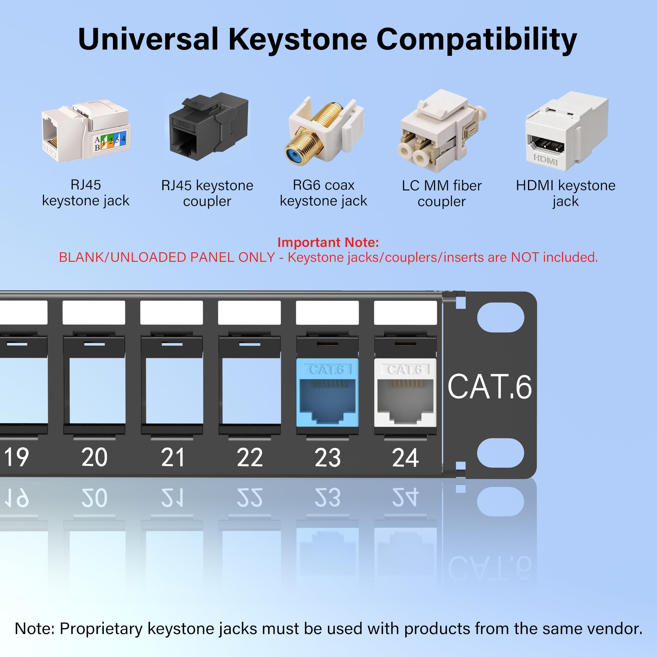 Jadaol Panneau de brassage vierge 1U de 19 po, panneau Keystone à montage en rack à 24 ports pour Cat6/Cat6a, HDMI, coaxial, fibre et audio – Cadre en métal (prises Keystone non incluses)