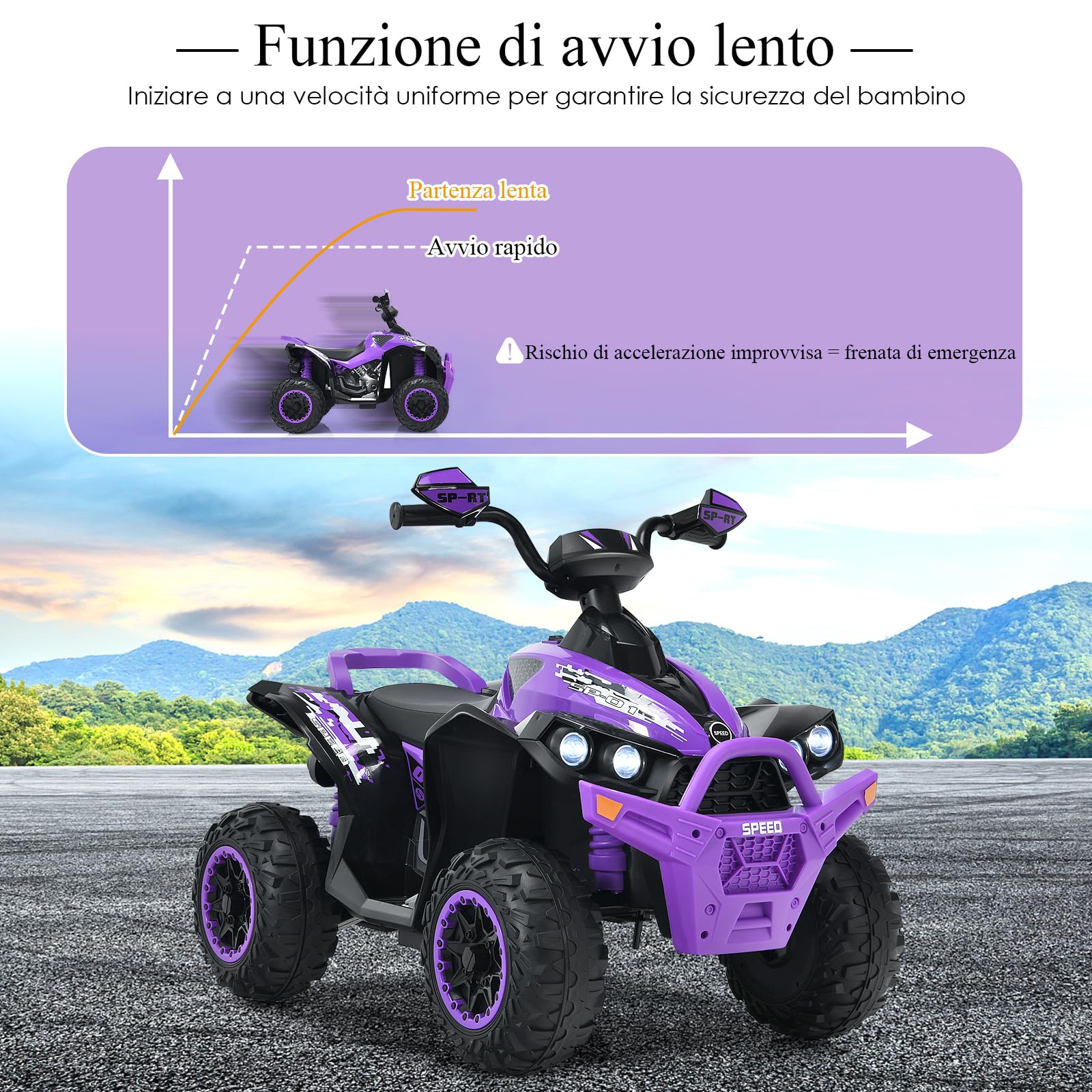 GYMAX Quad Elettrico per Bambini da 12 V, Veicolo per Bambini con Fari a LED, Musica e Clacson, 4 Ruote Antiscivolo e Avviamento Lento, per Bambini 3-8 anni, Capacità di Carico fino a 35 kg (Viola)