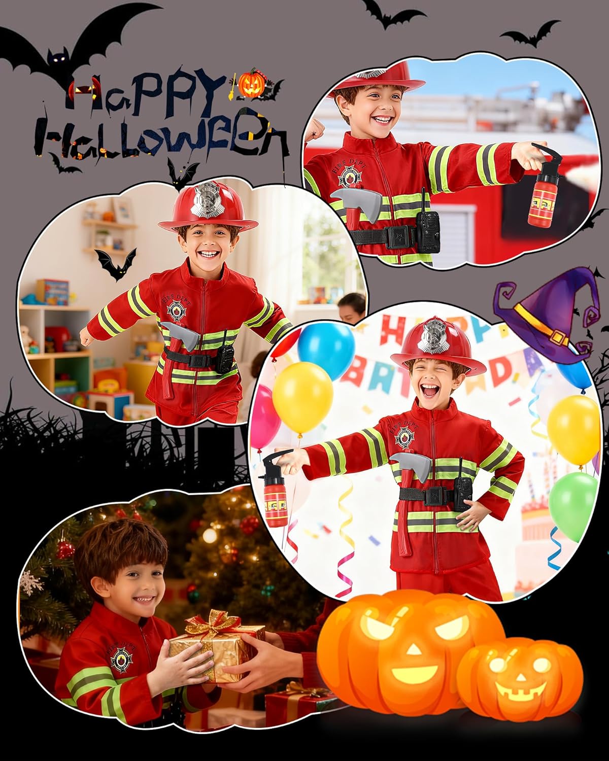 Fireman Costume for Kids with Toys Accessories, Boys Firefighter Birthday Halloween Party Dress Up Role Play
