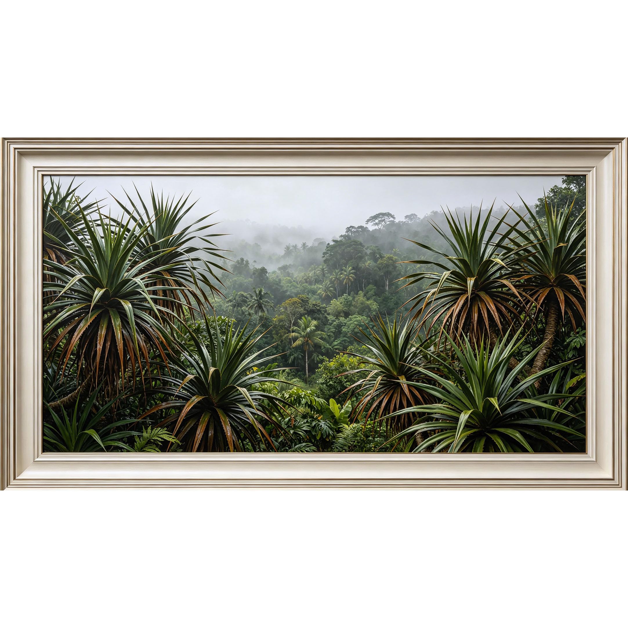QZLITHOTIC 50×90cm3D Framed Wall Art， Misty Tropical Jungle Botanical Mural， WaterActivated Peel & Stick Fabric Decor Wall Decal for Bedroom Living Room Modern Nature Landscape