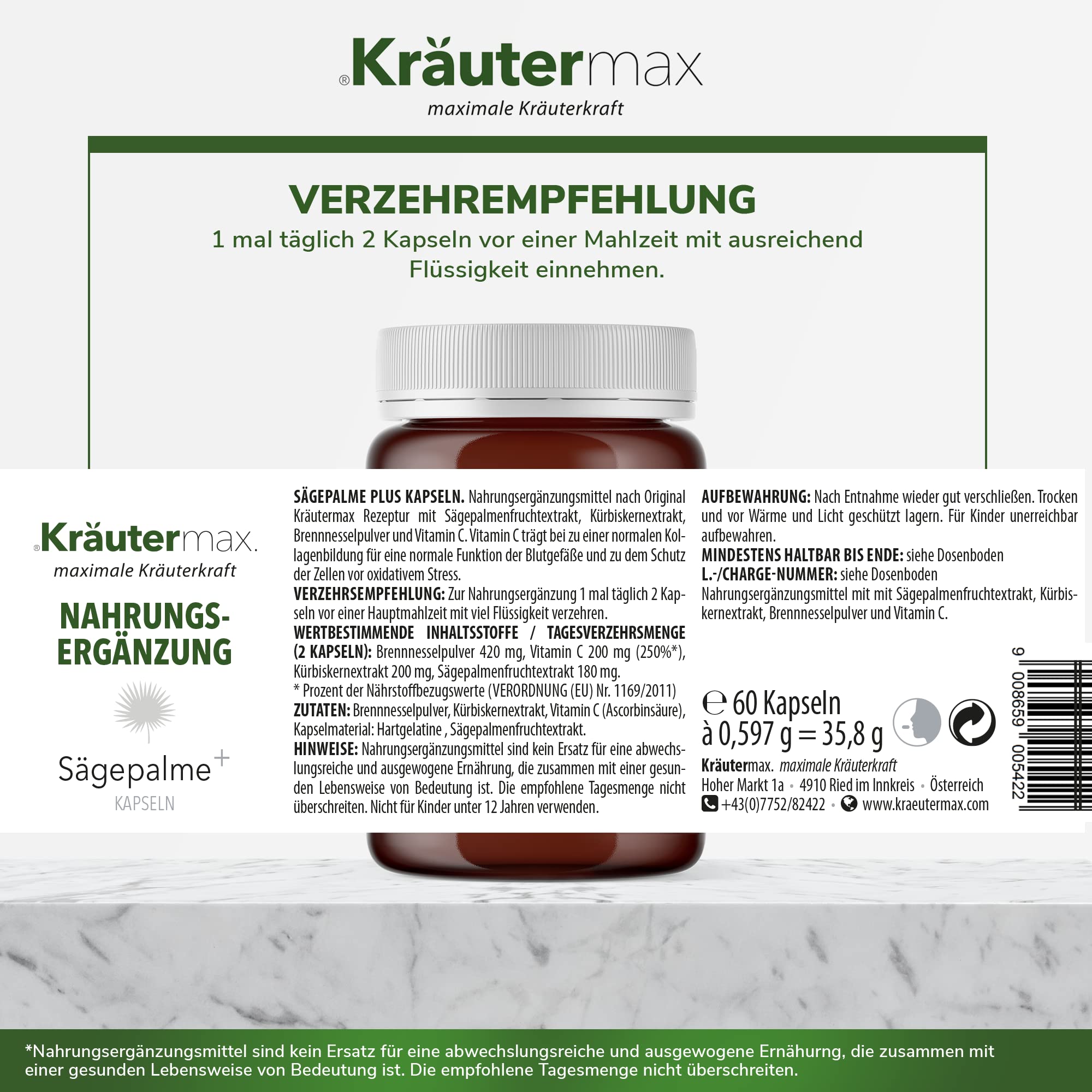 Kräutermax Sägepalme Kapseln mit Brennessel und Kürbiskern Extrakt Hochdosiert + Vitamin C - Saw Palmetto - 60 Kapseln