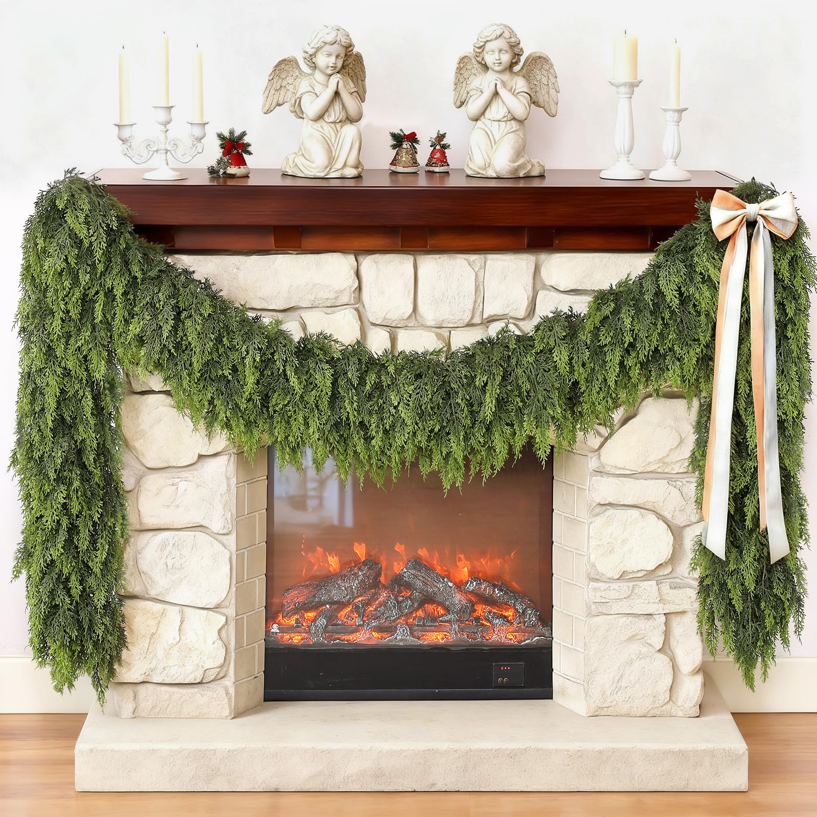 6FT Cedar Garland for Fireplace - Artificial Christmas Garland Thick and Lush Realistic Faux Cedar Fake Pine Needles Garland for Table,Window,Stairs,Mante,Indoor Outdoor Decor (1PCS)