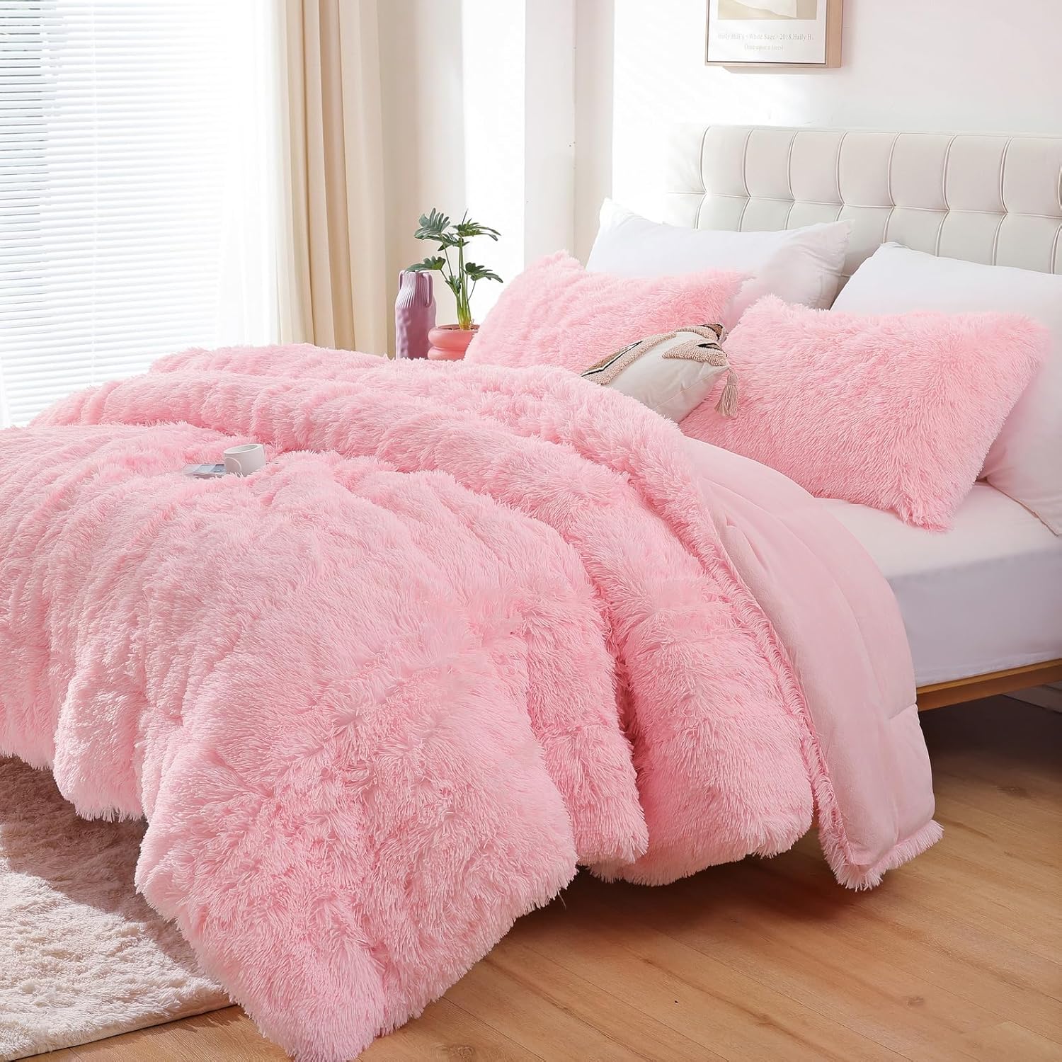 Smoofy Fluffy Twin Comforter Set, Faux Fur Comforter Set Pink, Luxury Fuzzy Twin Bedding Set Pink, Soft Shaggy Bed Set for All Season, 2 Pieces - 1 Comforter & 1 Pillowcase