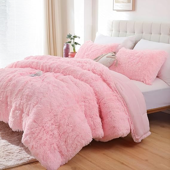 Smoofy Fluffy Twin Comforter Set, Faux Fur Comforter Set Pink, Luxury Fuzzy Twin Bedding Set Pink, Soft Shaggy Bed Set for All Season, 2 Pieces - 1 Comforter & 1 Pillowcase