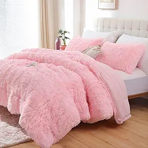 Smoofy Fluffy Twin Comforter Set, Faux Fur Comforter Set Pink, Luxury Fuzzy Twin Bedding Set Pink, Soft Shaggy Bed Set for All Season, 2 Pieces - 1 Comforter & 1 Pillowcase
