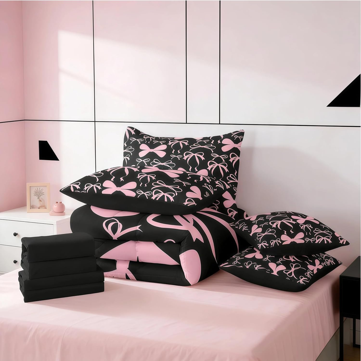 Feelyou Bow Bedding Set for All Season Boys Girls Full Size Black Pink Girls Bow 7 Pieces Comforter Sets Women Men Cute Bowknot Bed in a Bag with Comforter, Sheets, Pillowcases & Cushion Cover