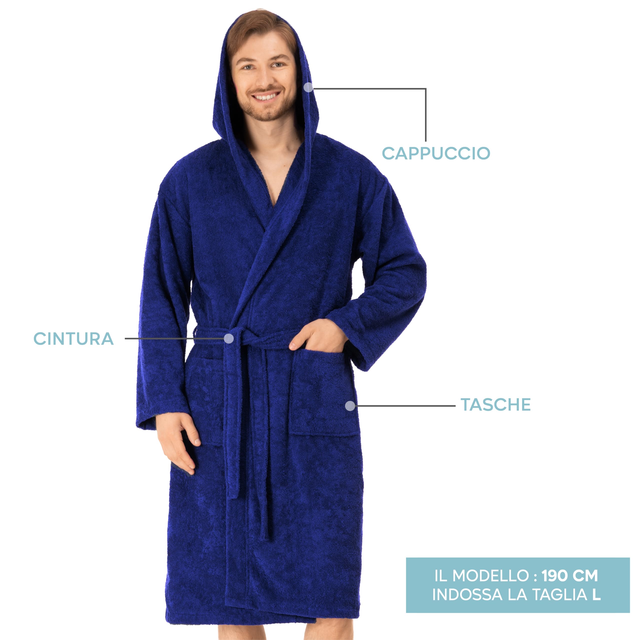 Twinzen Accappatoio per Uomo con Cappuccio in Spugna, 2 Tasche, Cintura Cotone Senza Prodotto Chimico, Oeko Tex - Vestaglia per Uscire dalla Doccia, Assorbente e Confortevole