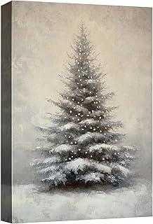 NWT Canvas Wall Art Misty Winter Pine Tree with Festive Lights Photograp...