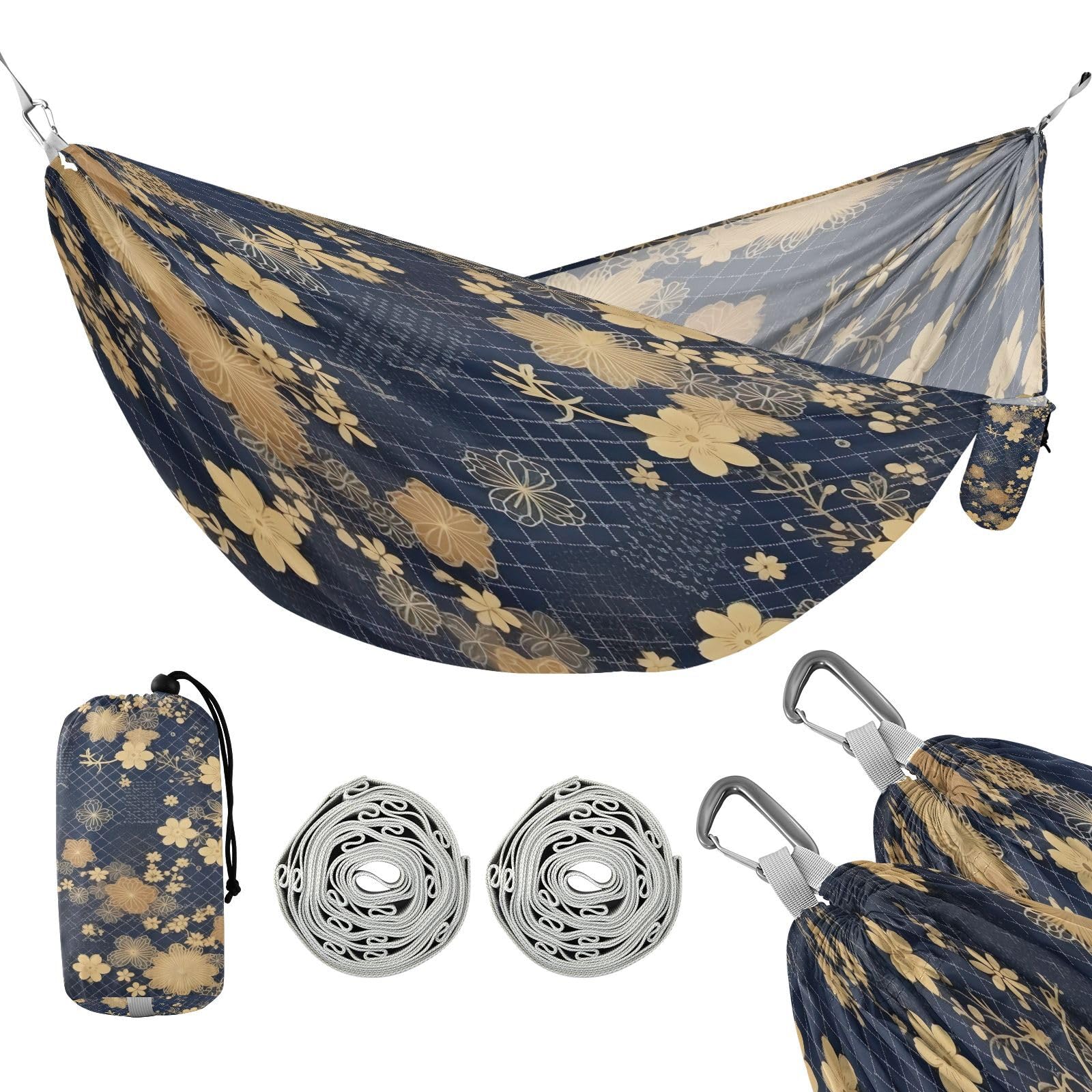 SDMKA Japanese Beige Flowers Camping Hammock, 330 lbs with 2 Tree Straps, Carry Bag, Single Portable Hammock for Outdoor/Indoor, Hiking, Beach, Backpacking, Travel