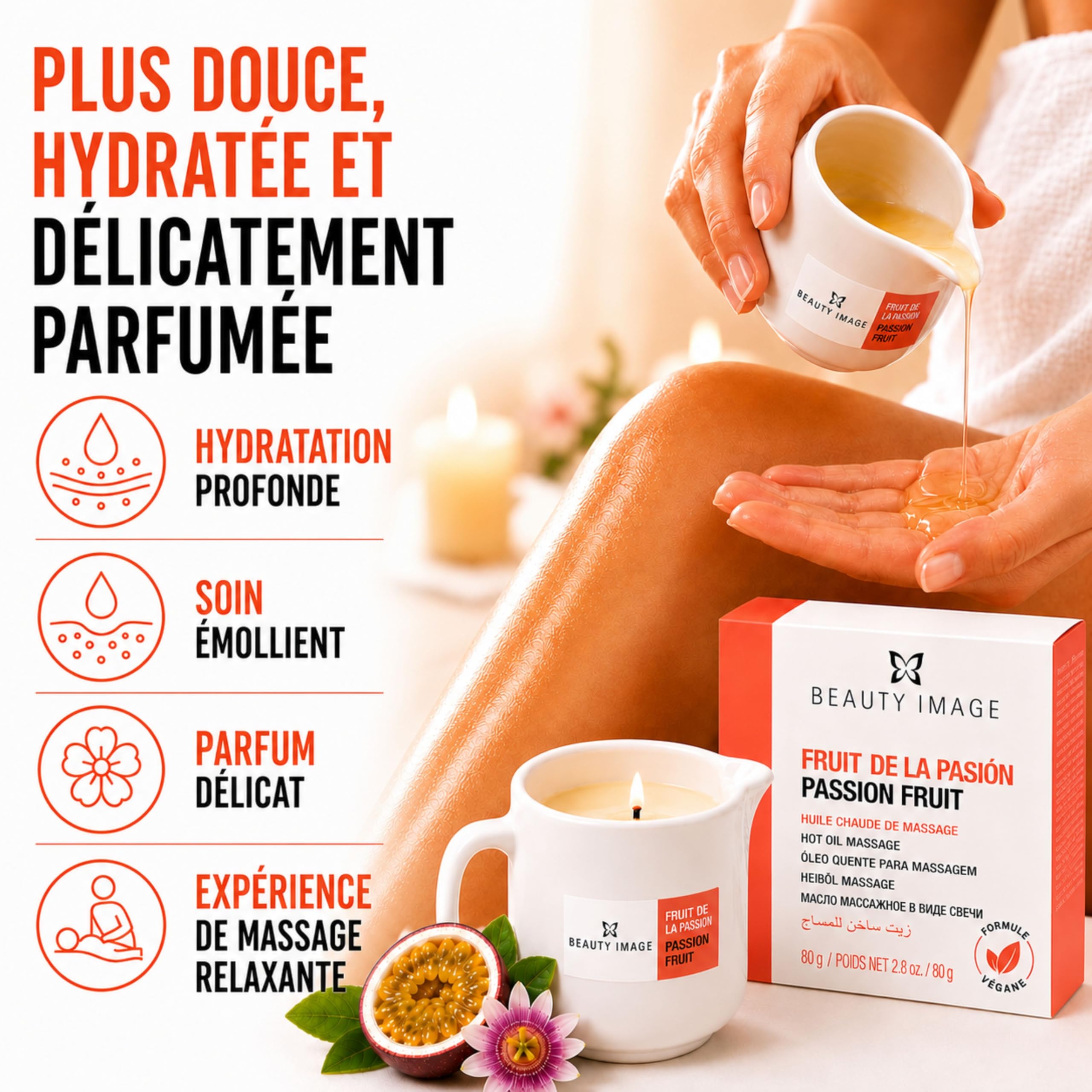 BEAUTY IMAGE Pack de 2 Grandes Bougies de Massage - Parfum Fruit de la Passion [80 gr de 4 à 5 Massages Complets du Corps Chaque Bougie] Huile Chaude pour Massage Professionnel.