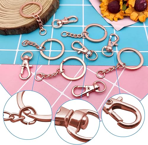 Miniatura 4 de Juego de 150 ganchos giratorios a presión, cierres giratorios de oro rosa, ganchos para llavero, cierre de langosta, llaveros divididos con cadena y