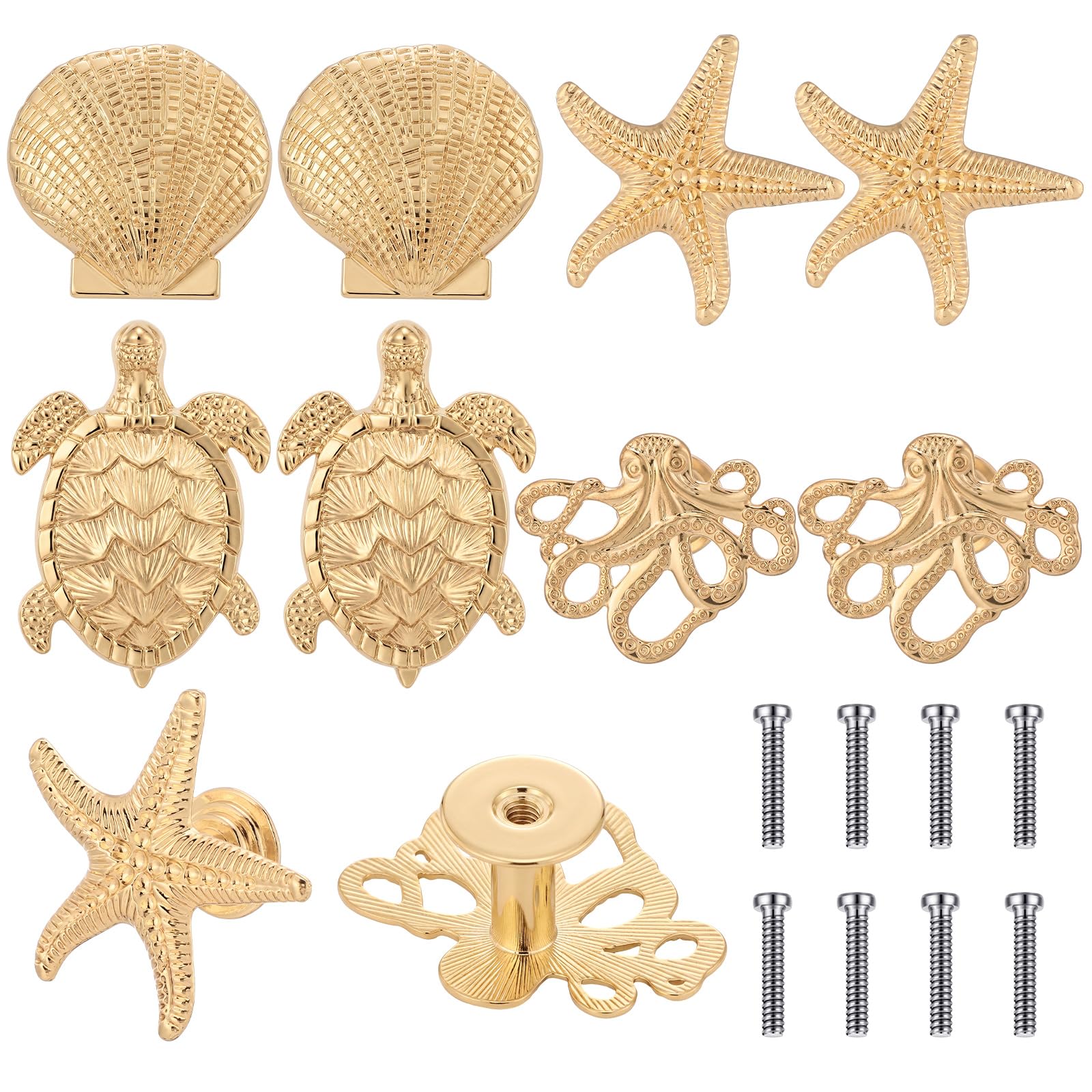 Zonon 8 Pcs Coastal Nautical Cabinet Knobs, Beach Ocean Themed Drawer Knobs, Starfish Seashell Sea Turtle Octopus Cabinet Pulls & Handle, Metal Knob for Dresser Cupboard Wardrobe (Gold) โ image 1