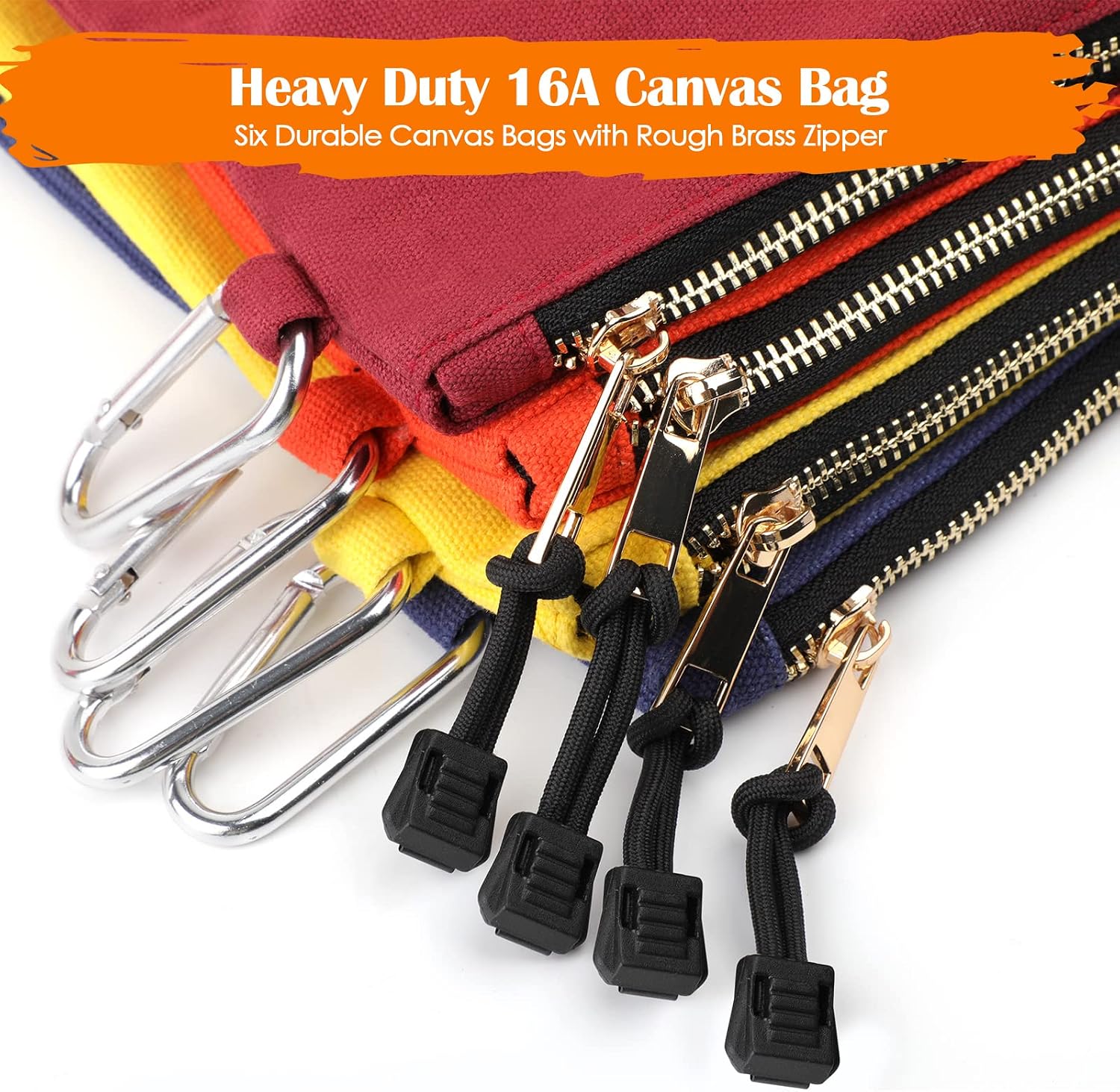 Canvas Tool Pouch Zipper Bags,16OZ(A) Utility Bags Heavy Duty Tools Pouch with Carabiner, 12 * 7 Inch Multipurpose Durable Storage Organizer Tote,6 Pack