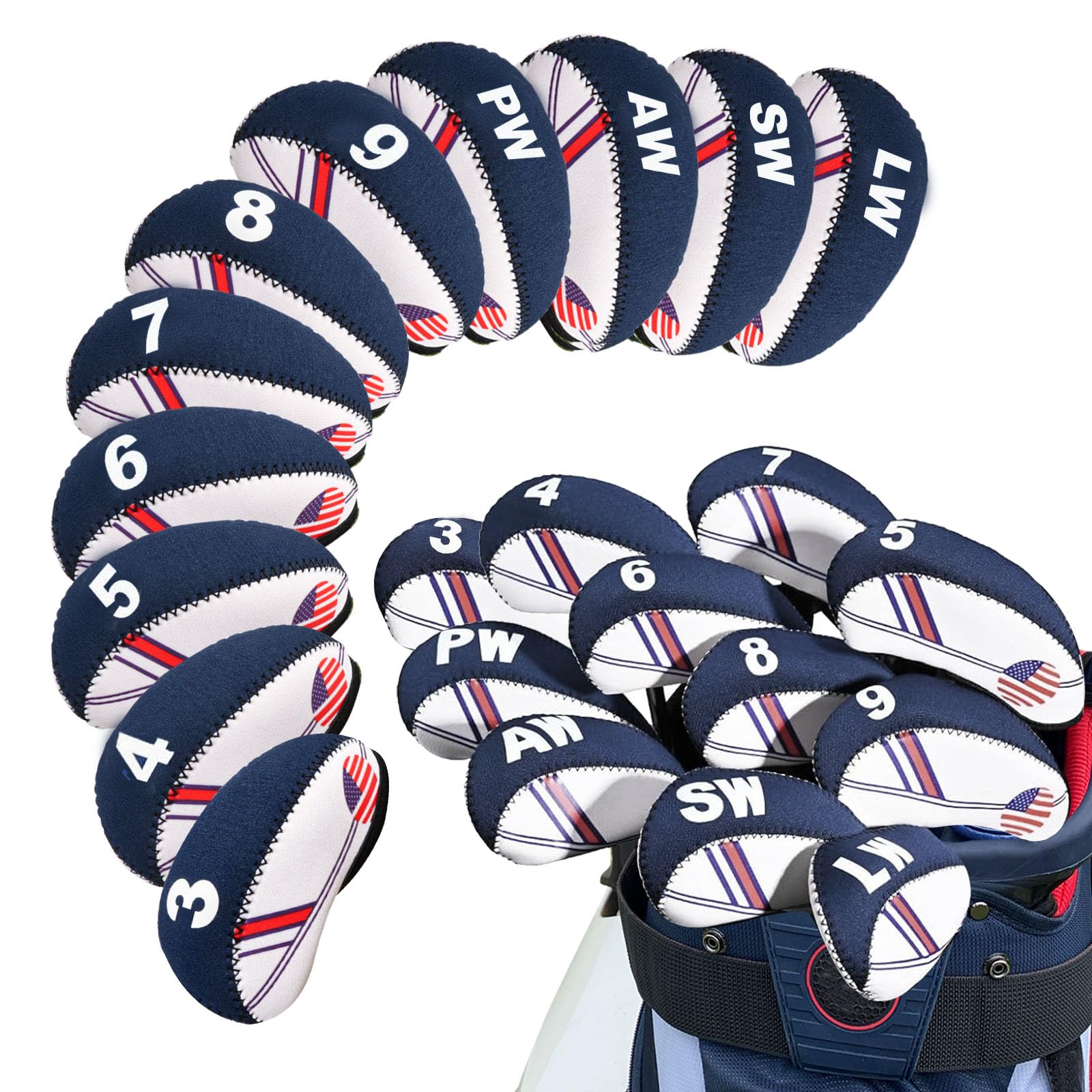 Amy Sport USA Flag Design Golf Iron Head Covers Value 11 Pack, Printed Numbers & Lightweight Wedge Iron Protective Neoprene Headcover, Universal Fit