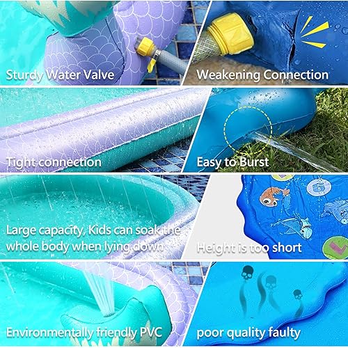 Miniatura 4 de Rociador de 65 pulgadas y almohadilla de salpicaduras para niños, alfombra grande de juego de rociadores de sirena para exteriores, juguetes de agua