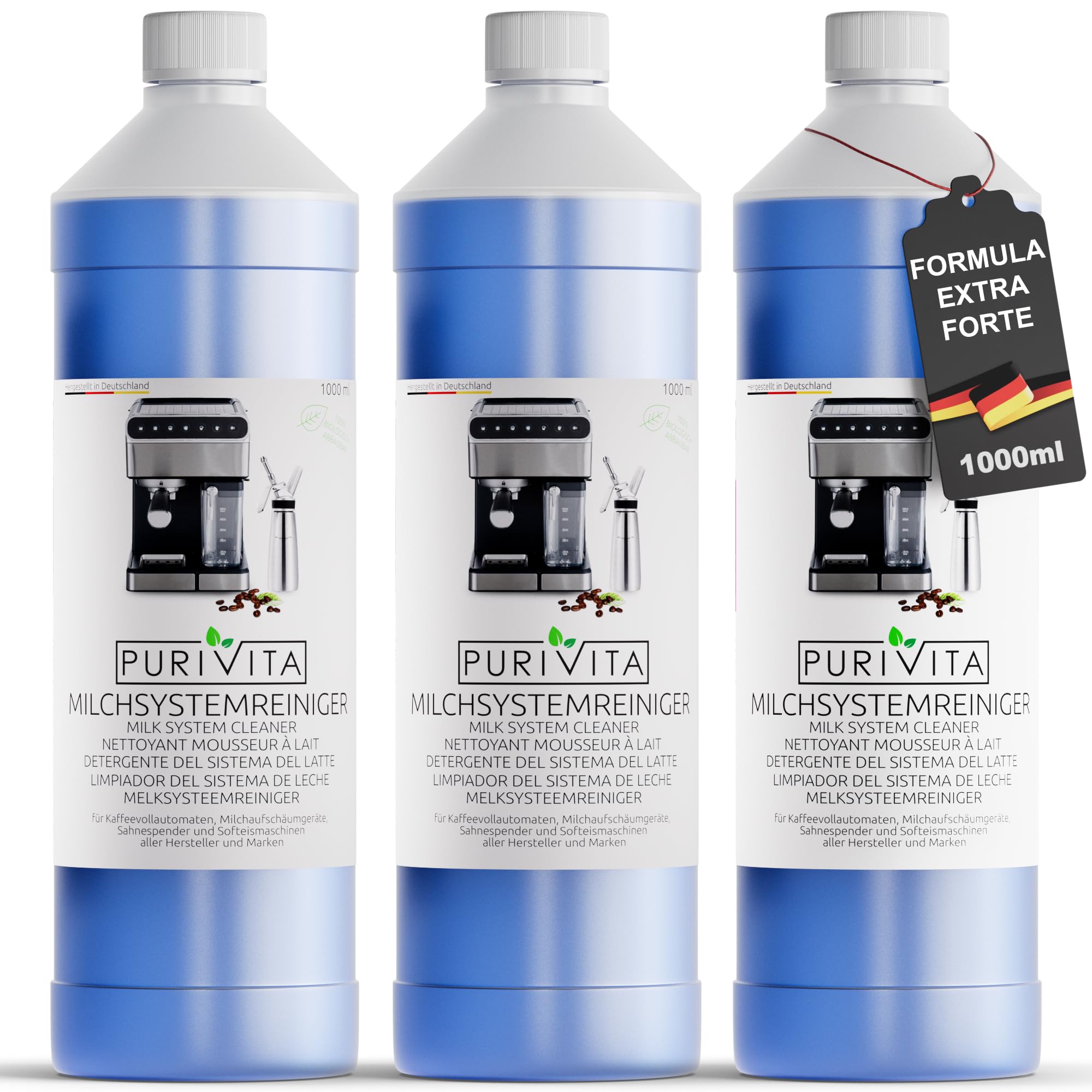 PURIVITA® Pulitore del Sistema del Latte per Macchine da Caffè [3x 1000 ML] - Detergente per Systema del Latte - Sistema Pulizia Latte per De Longhi, Jura, Krups, Nespresso & Philips
