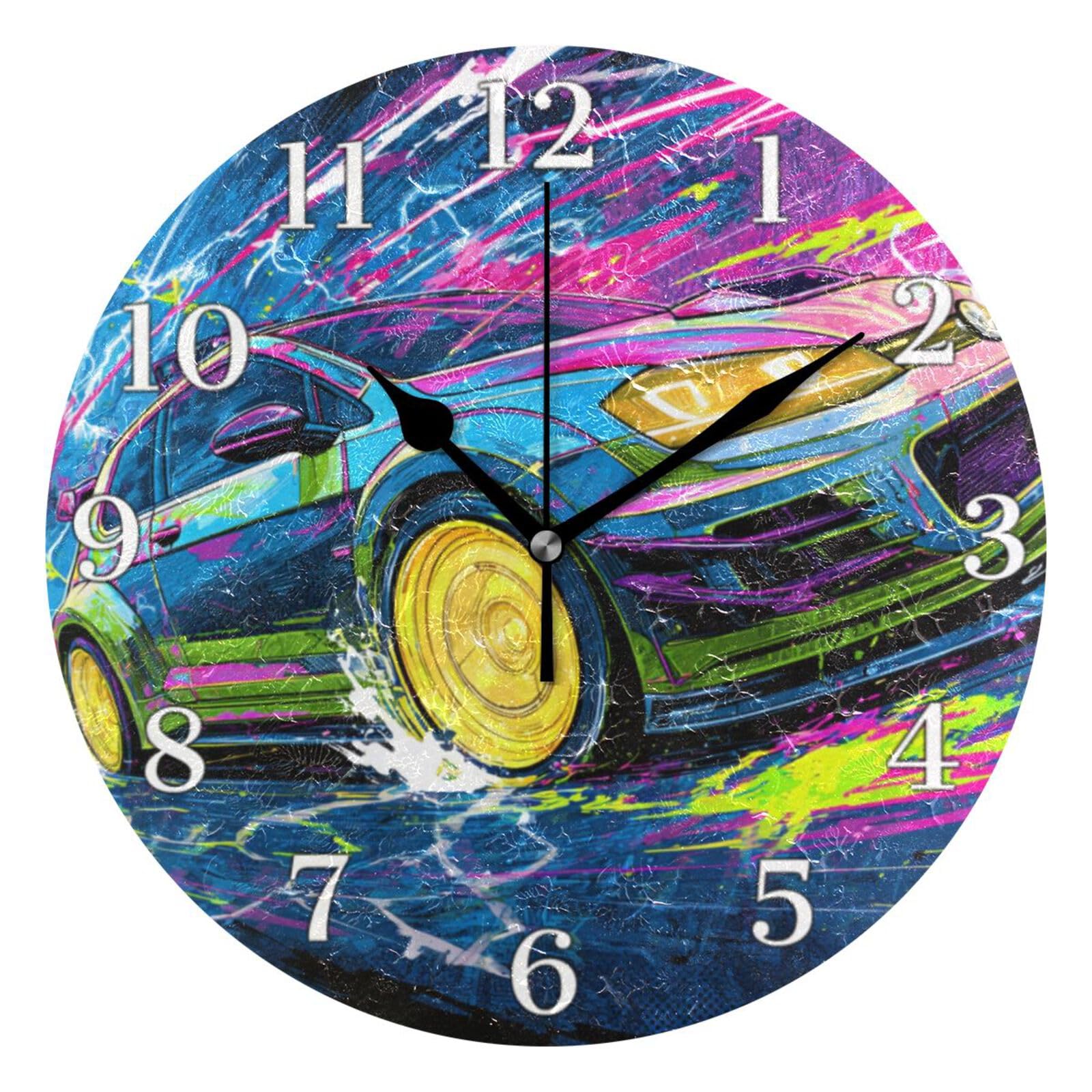 Ensound Colorful Car Lightning Wall Clock Silent Non-Ticking Battery Operated Clocks 12 Inch for Kitchen Home Living Room