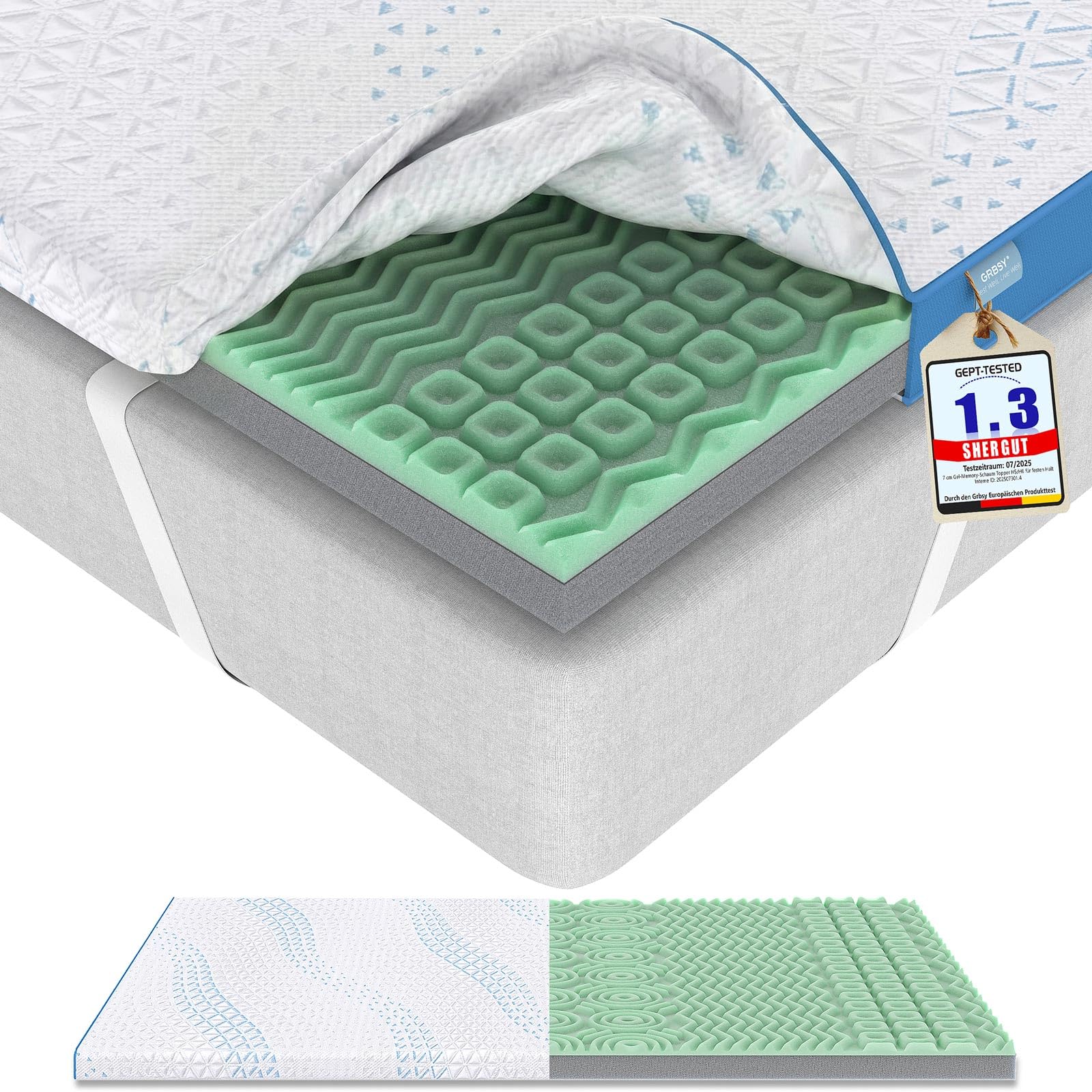 Grbsy 7CM Matratzentopper H5/H6 – Topper 180x200 Gel- & Bambuskohle-Memory-Schaum, optimierte 7-Zonen Profilstruktur für präzisere Unterstützung, Waschbarer Tencel-Bezug, für Boxspringbett &Schlafsofa