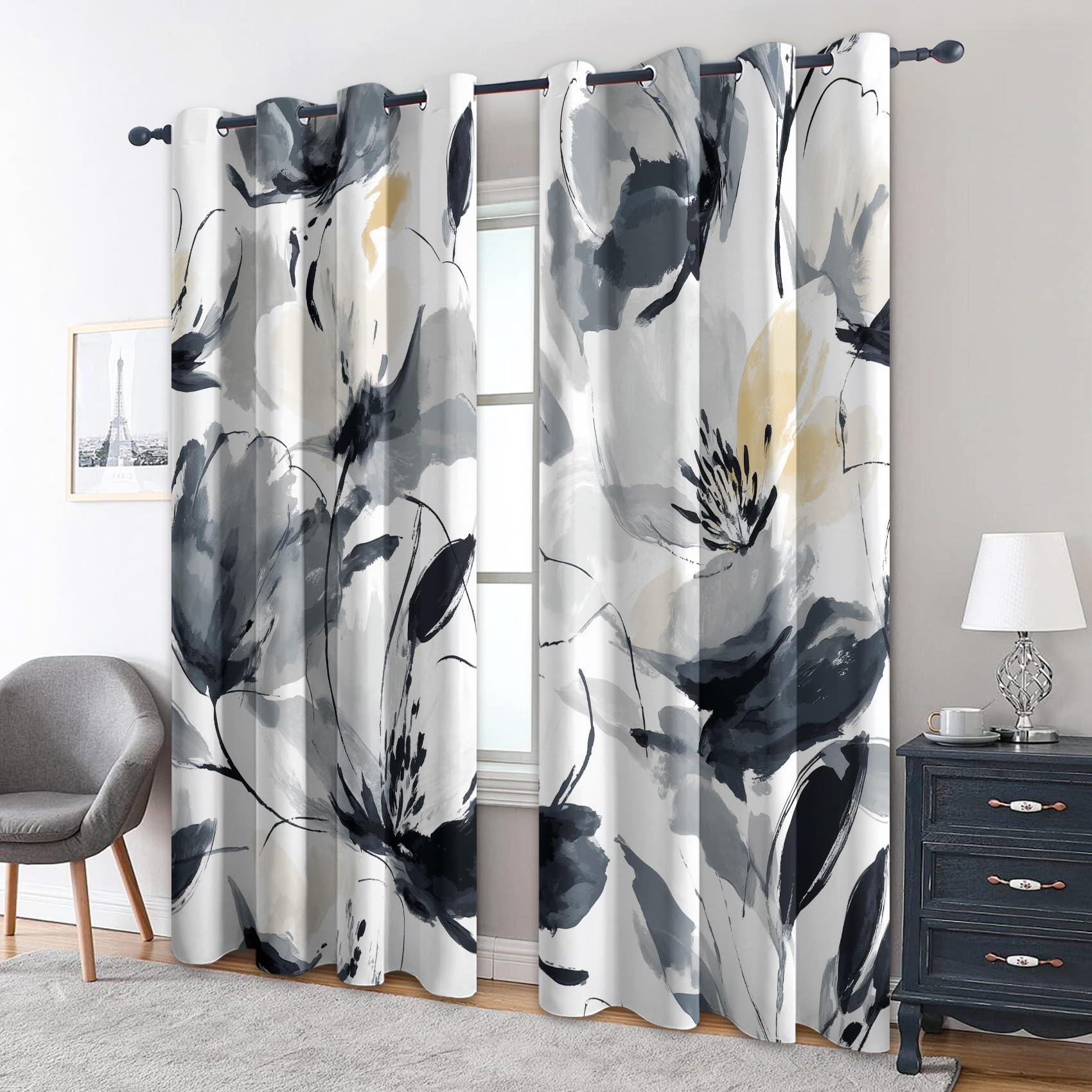 Rideau Occultant Floral Abstrait, Aquarelle Noir et Blanc Motif Rideaux Thermiques à Oeillets, Rideaux Imprimé pour Salon Chambre Fenetre Moderne Décoration, 140x180 cm (L x H), Lot de 2