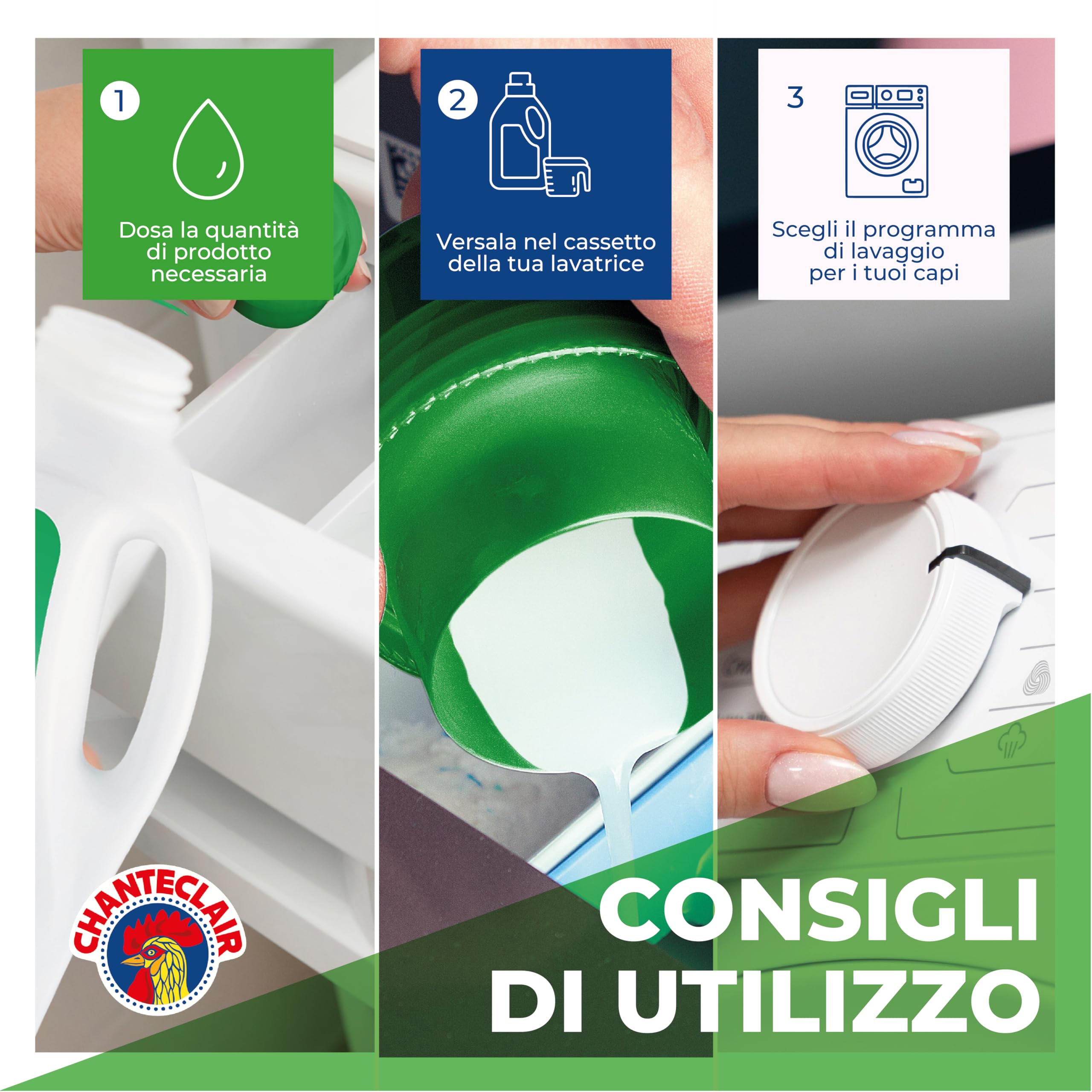 Chanteclair - Detersivo per Lavatrice, Profumo Muschio Bianco, Formula Concentrata, con Vero Sgrassatore - 3 Flaconi da 1260 ml