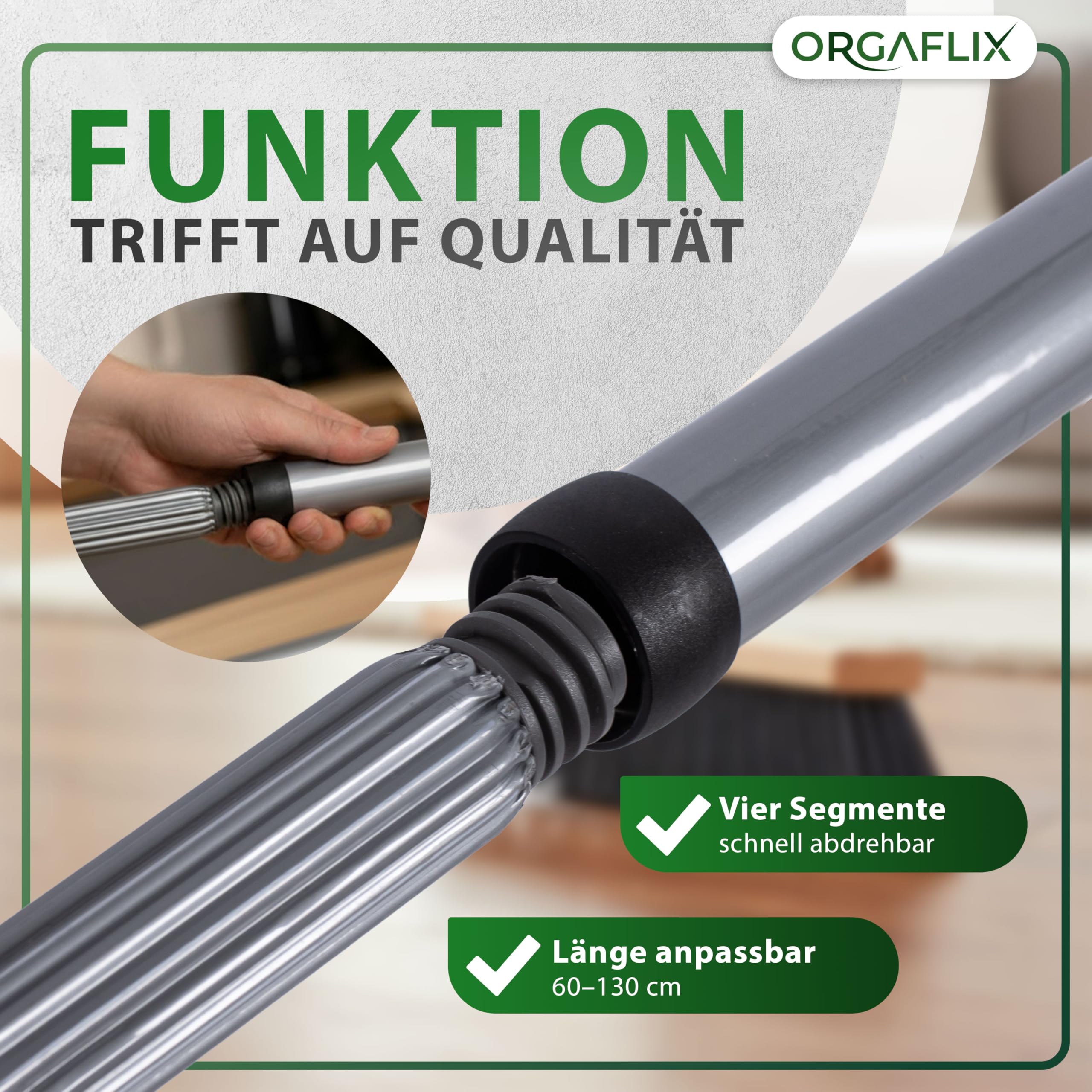 ORGAFLIX Manche de balai de qualité supérieure avec filetage de 24 mm, réglable de 60 à 130 cm, utilisation universelle pour balais, balai de route et balai industriel, manche en métal stable en gris