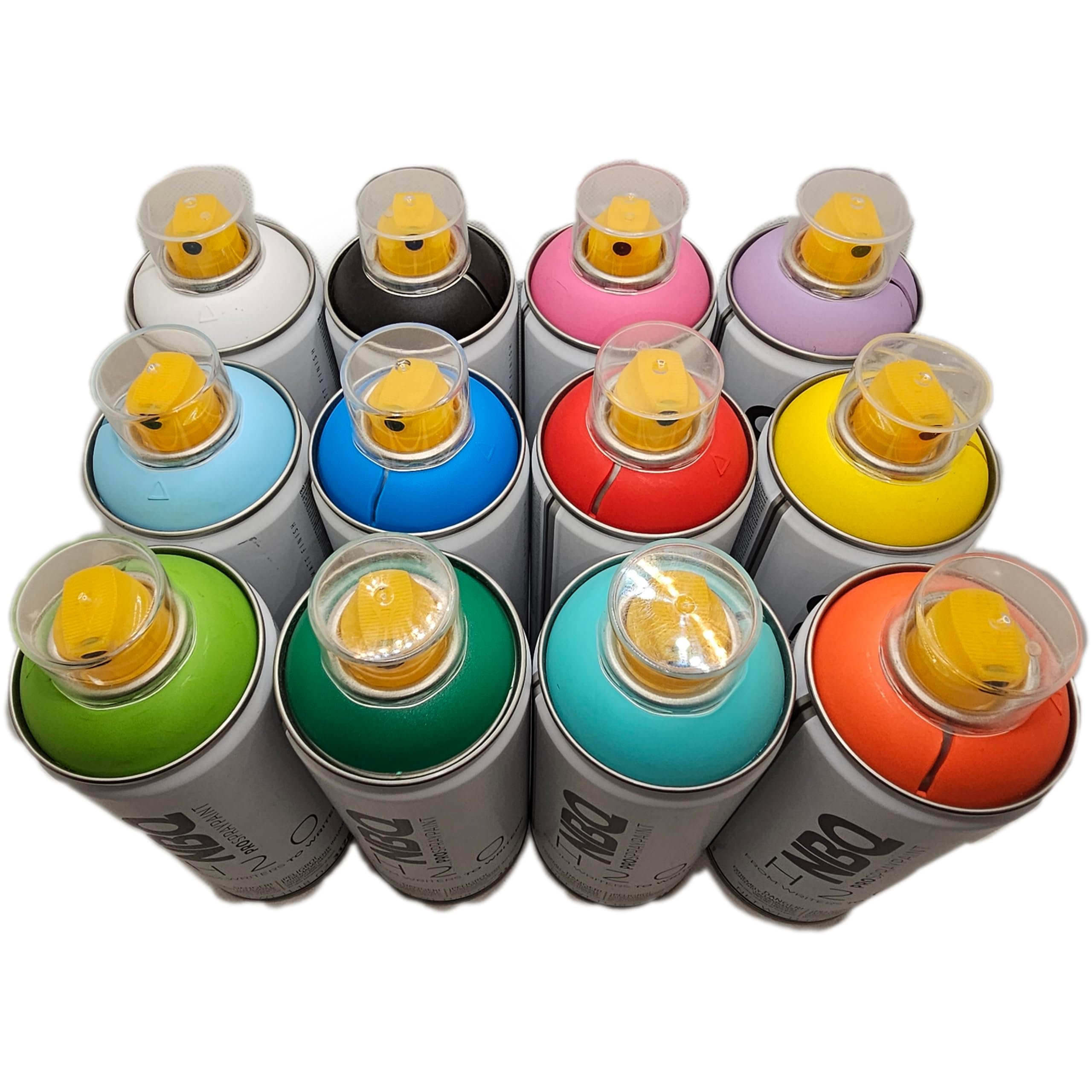 PROGAL COLORS NBQ Pro Spray PAint, 12 Flaschen (H2O 12 x 400 ml + 3 x Diffusor), Sprühfarbe auf Wasserbasis, geruchsarm, Graffiti-Muralismus, matte Farbe (PARTY TIME)