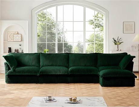 Slipcovered L Shape Sectional Long Sofa Couch, 4 Seater Sofa with Suppleness Armrests,Deep Seat Sofa with 2 Big Pillows, Comfy Couch for Living Room, Apartment, Green Corduroy Fabric