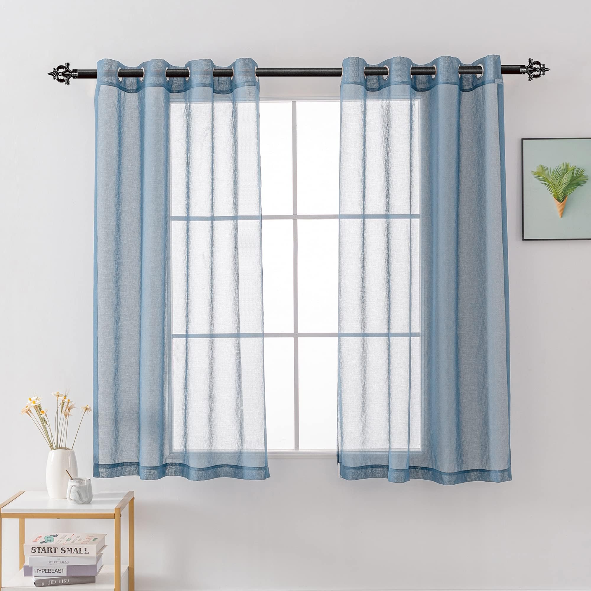 HUTO 2 Panels Dusty Blue Semi Sheer Window Curtains Elegant Grommet Top Window Voile Panels/Drapes/Treatment Linen Textured Panels for Bedroom Living Room 52X63 Inch